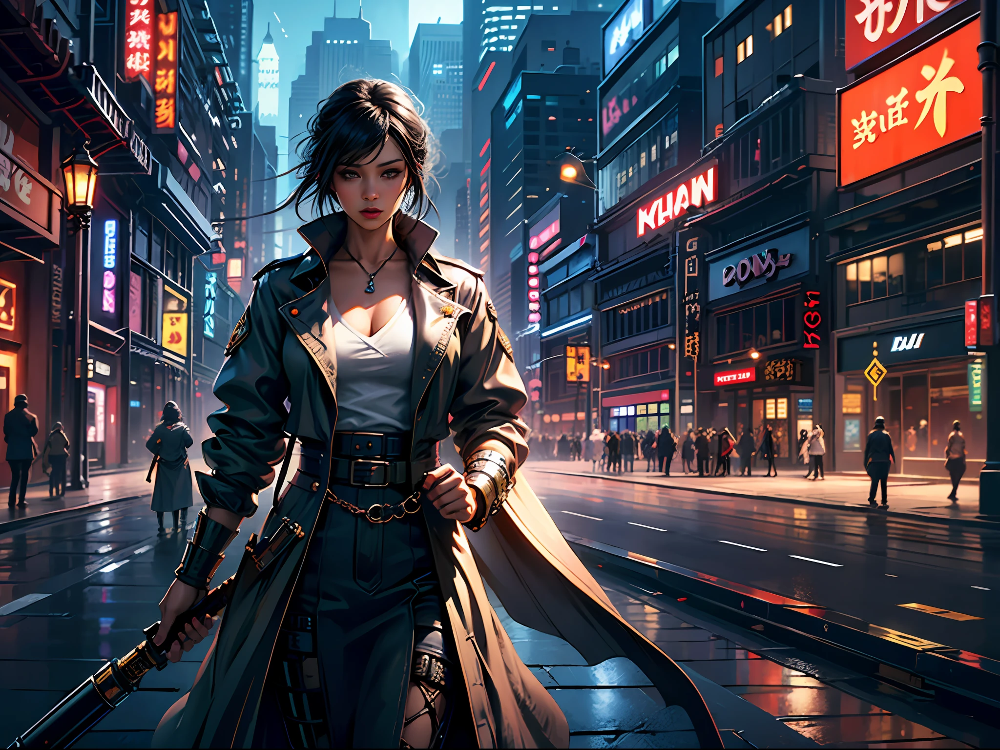 Masterpiece, (Ultra detailed), Gangster theme, Mature woman,Solo,Raised sexy,Trench coat, Dim lights, Smoke,black shadows, Corrupt cityscape, Highest quality, Single focus, (skimming: 1.1), full bodyesbian, Intricate (High detail: 1.1) illusory engine,cyber punk perssonage