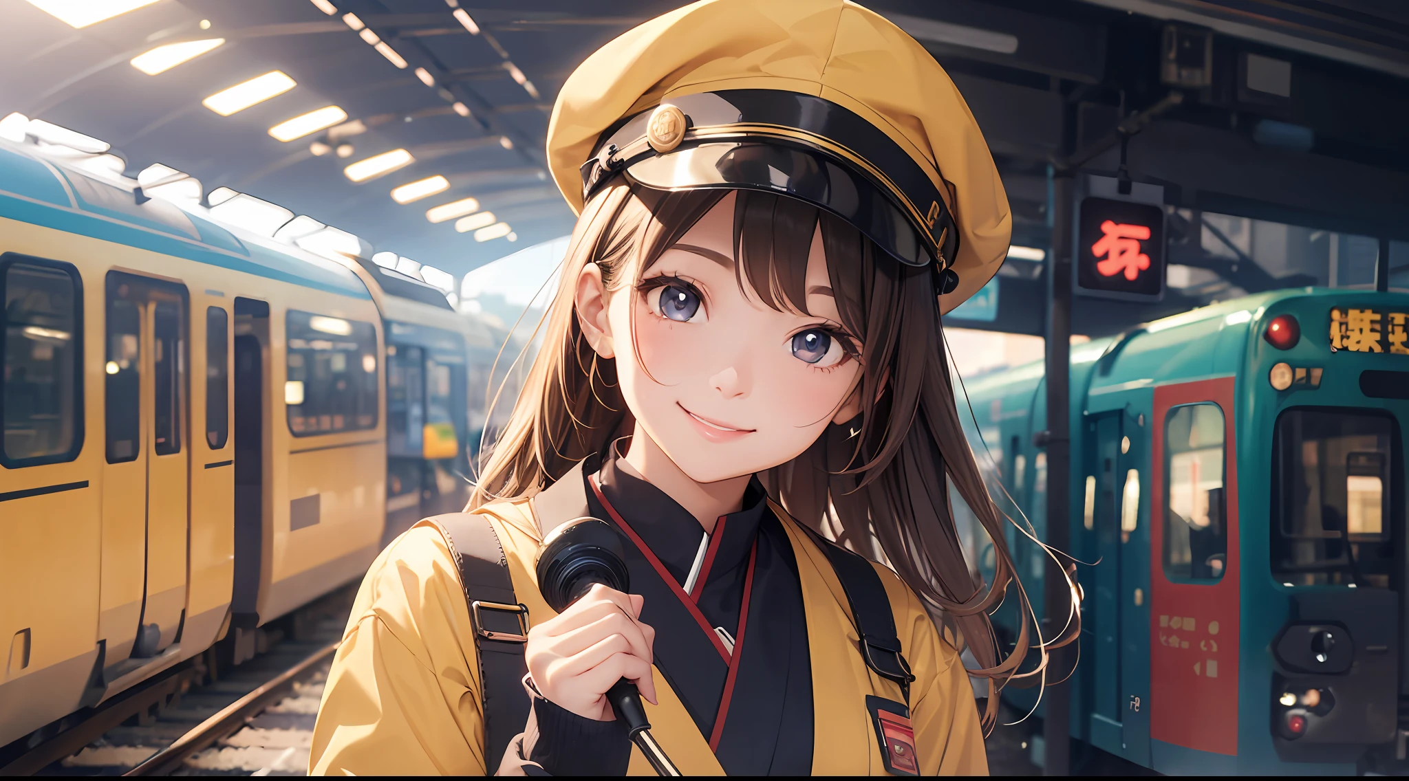 Photo, femele(22) Conductor working at the station platform, Cute, Smile, There are colored contacts in her eyes,校服、 Hose Accessories, Full body, Walking , in autumn