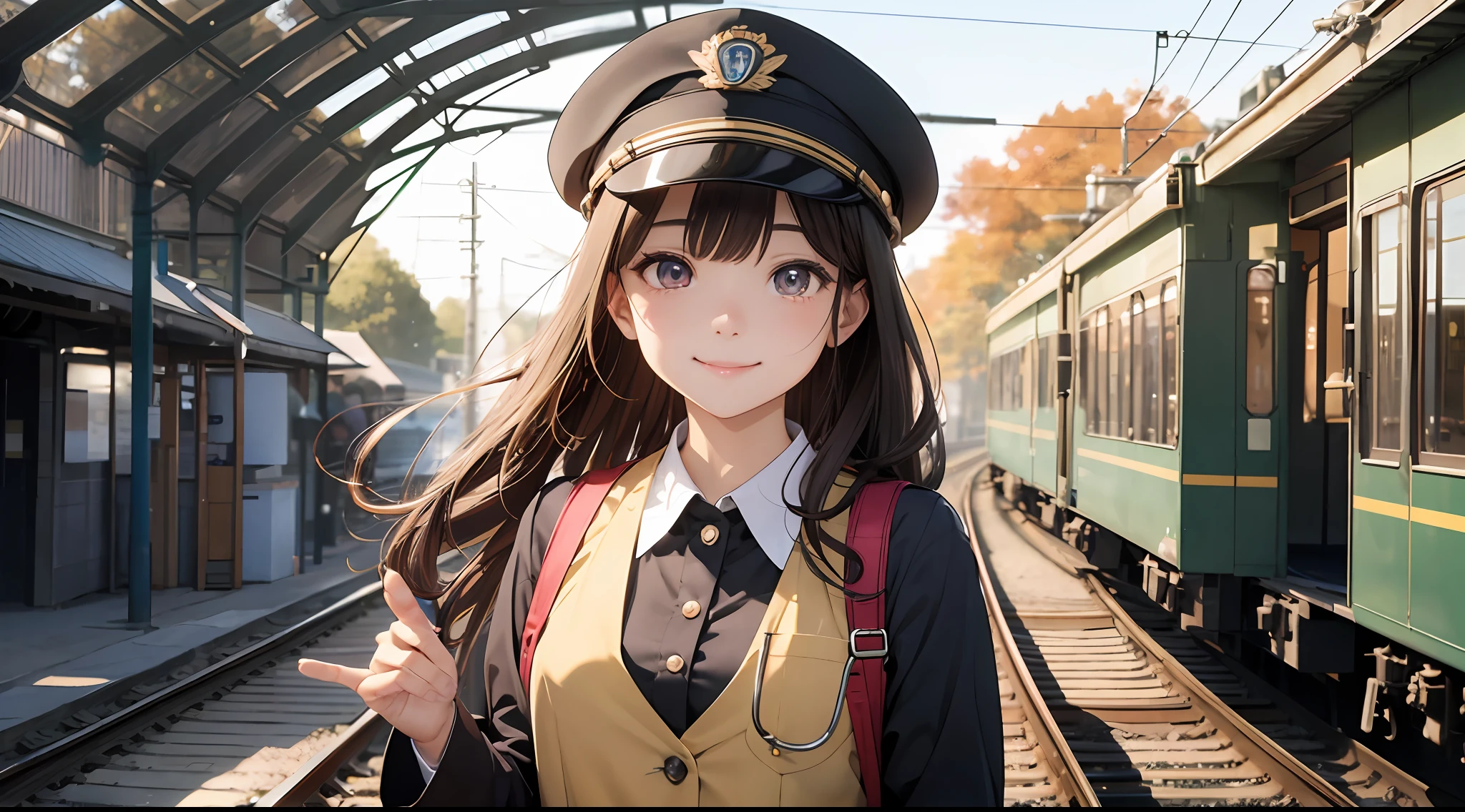 Photo, femele(22) Conductor working at the station platform, Cute, Smile, There are colored contacts in her eyes,校服、 Hose Accessories, Full body, Walking , in autumn