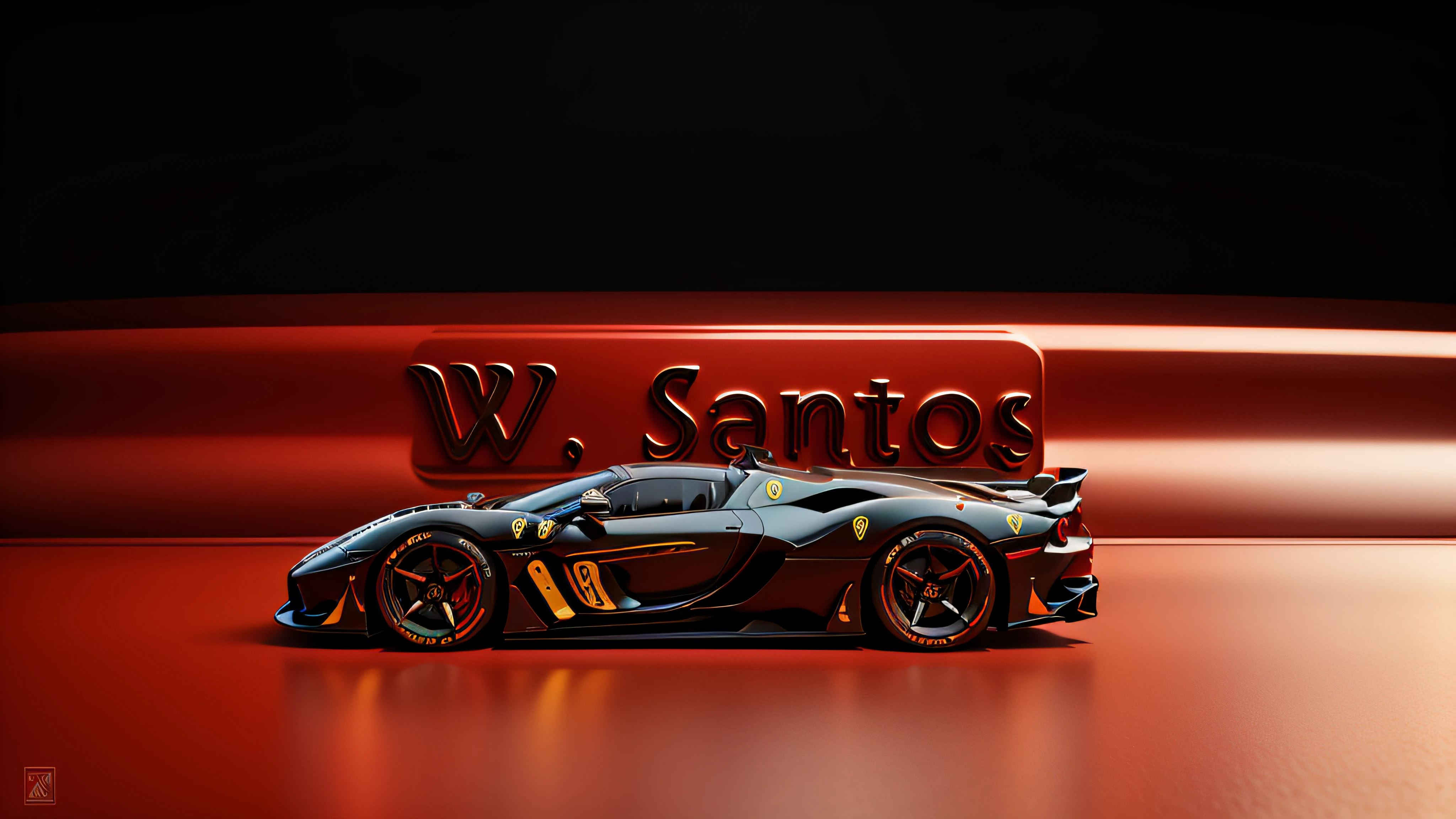 Logo com o nome W. Santos com tema vermelho da Ferrari numa ferrari f 50, 4k, 3D-rendering, hiperrealista, sobre uma pista de corrida, NVIDIA, ray-traced, Bokeh, profundidade de campo, Sinalizadores,