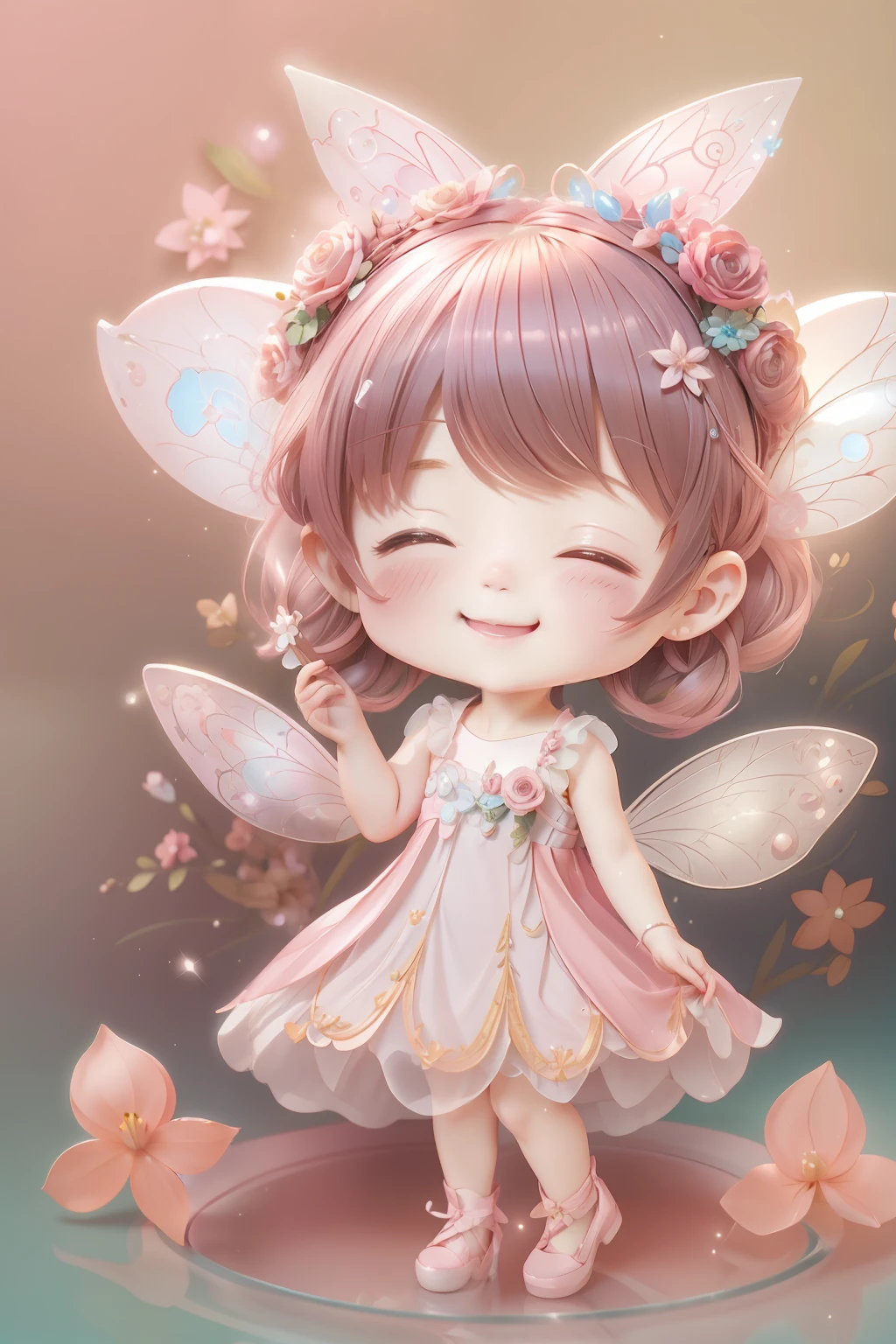 Cute fairy with a sense of transparency、Bright smile、Have fun playing、Beautiful background、Bright background、pink back ground