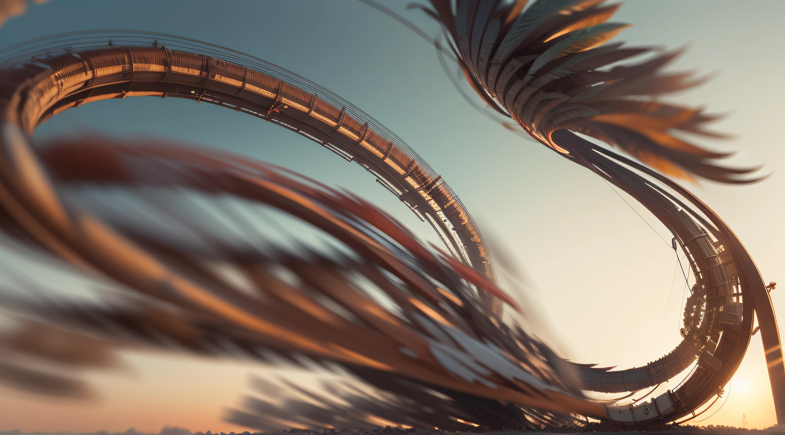a heavily distorted, fading mid evening clear sky, a singular object comprised of contorted feathers/machinery/pipes/rusted components is floating in the air, steel strings weave into each other, extra detail, 4kHD details, best resolution, surrealistic composition, extreme camera angle, motion blur, depth of field, foreshortening, tilted camera angle, cinematic lighting, movie scene