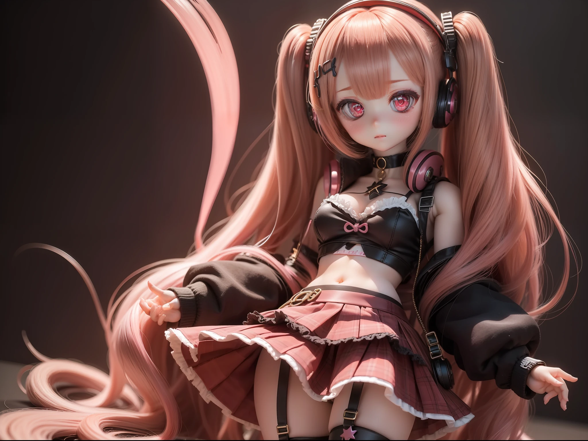 (Masterpiece, highest quality)), detailed face, Full body, full of details, highly detailed, depth, many parts, 1girl, girl in a skirt and headphones, :3, long hair, bangs, multicolored hair, two-tone hair, gradient hair, brown hair with pink tips, [[[[[[[[[pink hair]]]]]]]]], black bra, red skirt, pleated skirt, gloves, stockings, leg warmers, black choker, red eyes, star (symbol), symbol-shaped pupils, doll