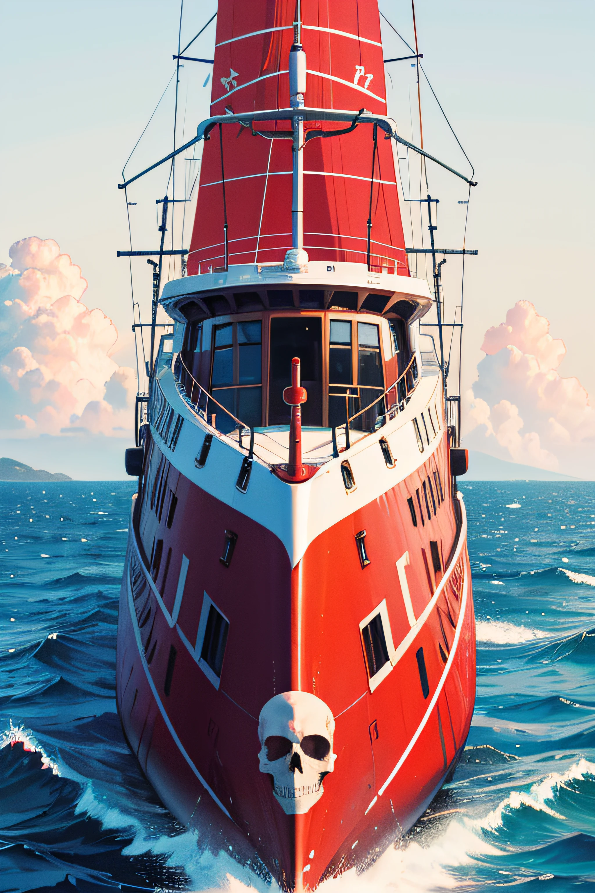 symbolic icon of sanctuary、 "RED ocean", image of yacht on sea, white background,skull