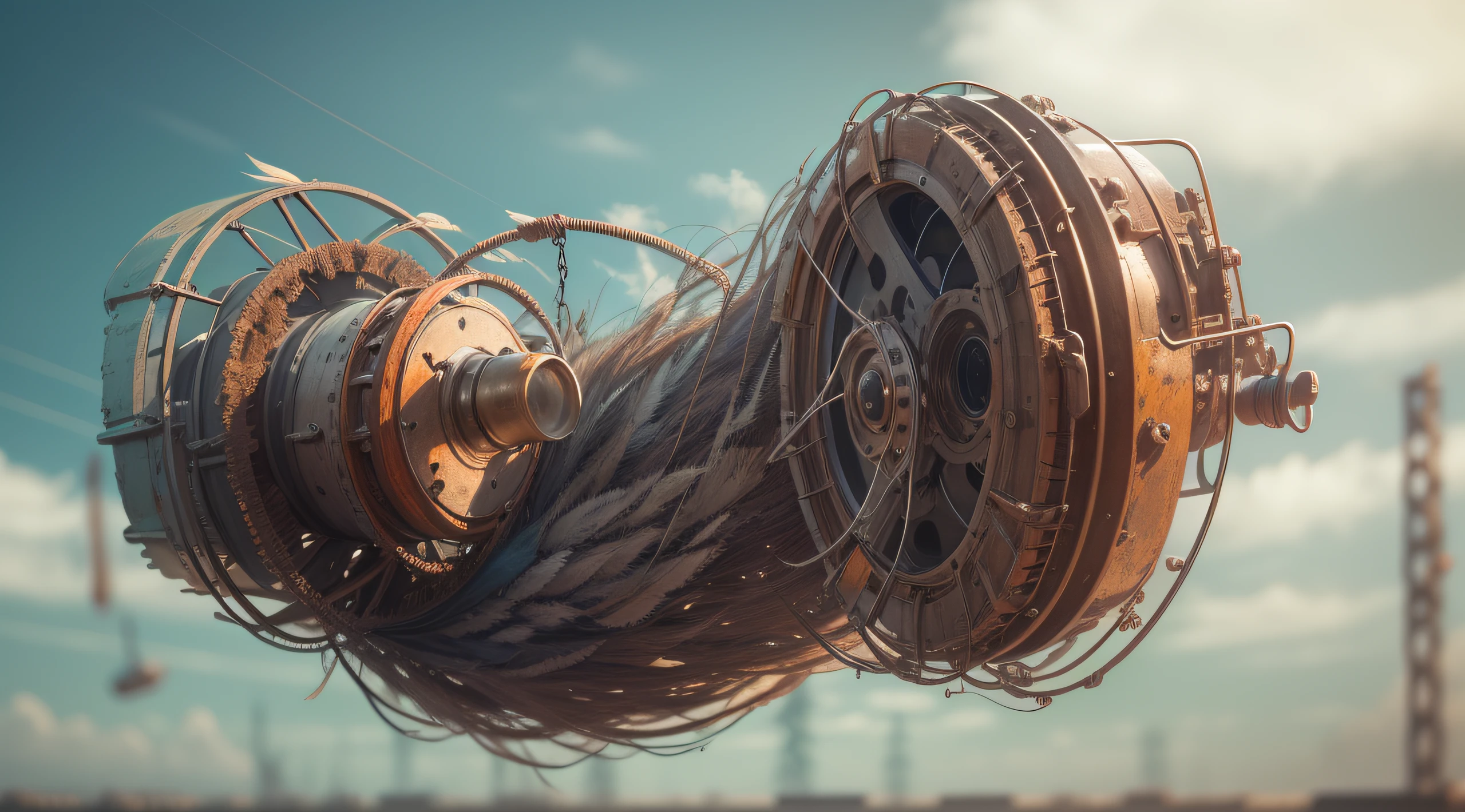 a heavily distorted, fading late morning clear sky, a singular object comprised of contorted feathers/machinery/pipes/rusted components is floating in the air, steel strings weave into each other, extra detail, 4kHD details, best resolution, surrealistic composition, extreme camera angle, motion blur, depth of field, foreshortening, tilted camera angle, cinematic lighting, movie scene, lens flare