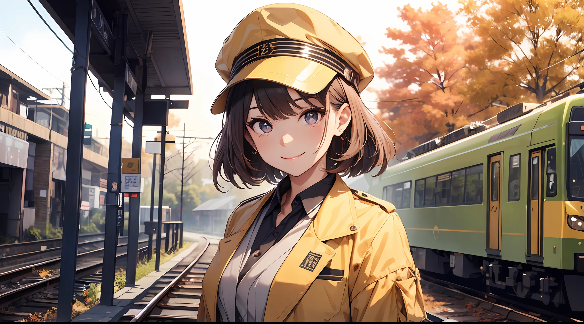 Photo, femele(22) Conductor working at the station platform, Cute, Smile, There are colored contacts in her eyes,校服、 Hose Accessories, Full body, Walking , in autumn