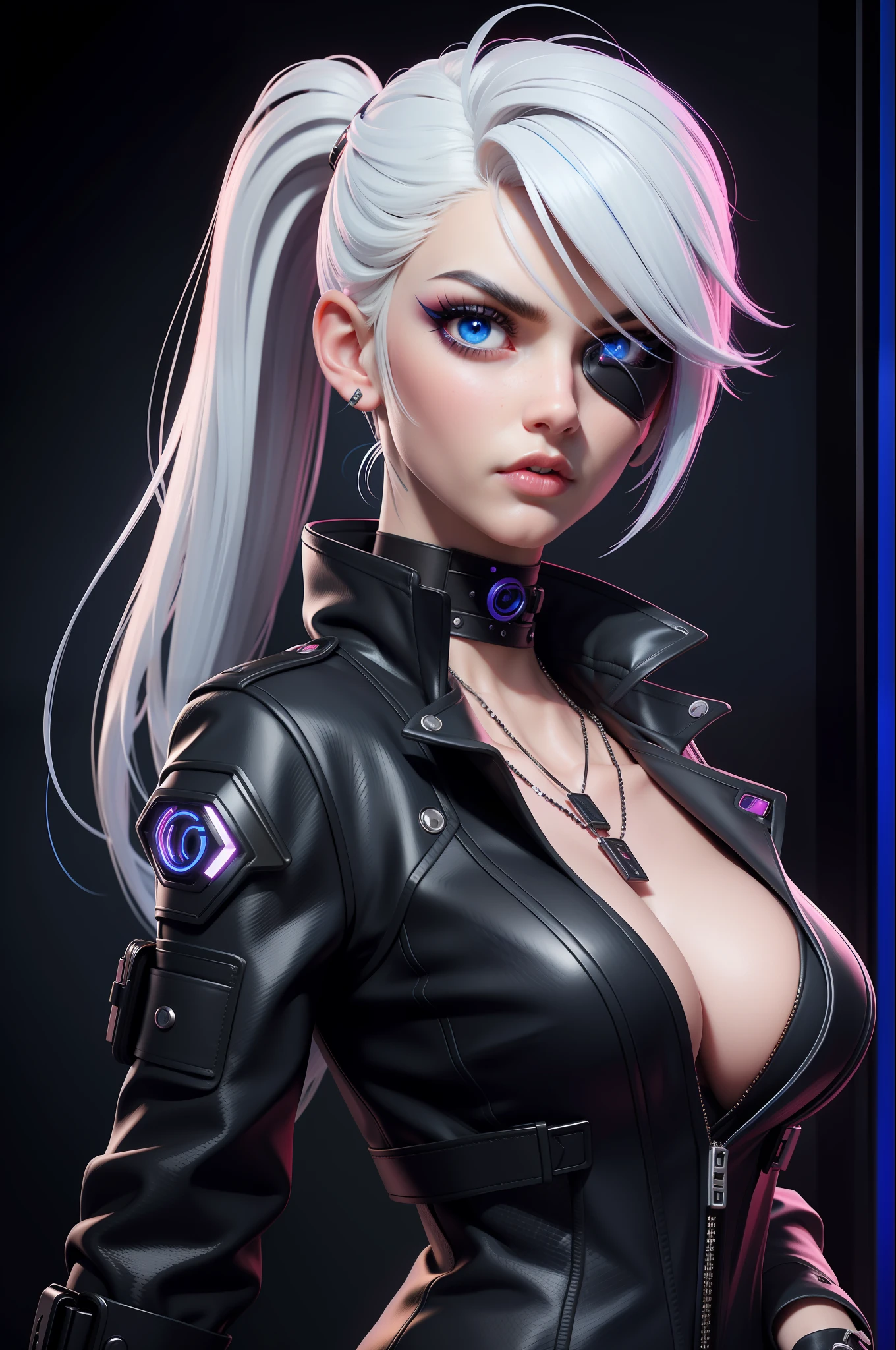 masterpiece, best quality,3d rending work ,3DMM style,portrait, 3D,1girl, solo, cyberpunk, platinum hair, medium hair, woman, mature, white hair, necklace, freckles, jewelry, straight hair, looking to the side, realistic, upper body, cyberpunk face implants, eyepatch on right eye, bangs, looking away, medium hair, parted lips, blue eyes, lips, gothic, holding guns, choker, makeup, big boobs, pout, mole, serious face, black jacket with cyberpunk mods, watermark, cyberpunk background, neon background