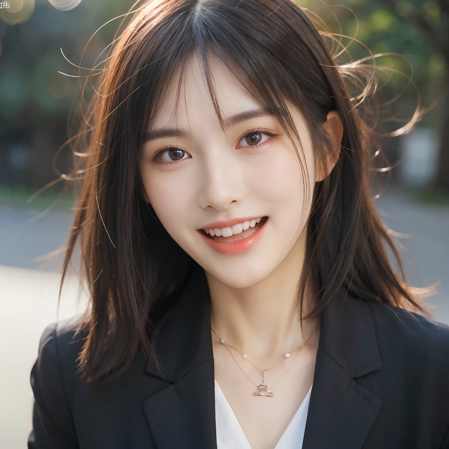 Dressed, (photographrealistic:1.4), (Hyper realistic:1.4), (Realistic:1.3), (Smoother lighting:1.05), (increase cinematic lighting quality:0.9), 32K, 1girl in,25-years old, Realistic lighting, Backlighting, Light on Face, raytrace, (Brightening light:1.2), (Increase quality:1.4), (Top quality real texture skins:1.4), finely detailed eyes, finerly detailed face, (tired and sleepy and joy:0), (Laugh:1.4), Black Suit,a necklace, (Increase body line mood:1.1), (Increase the beauty of skin texture:1.1)