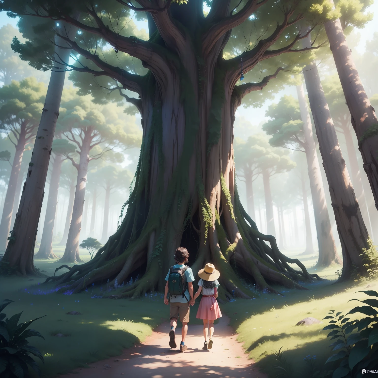 Image of two brothers: Tuco, um aventureiro de 10 anos, and his lovely little sister Lis, de 7 anos.
They are on an adventure in the enchanted forest, searching for the legendary Tree of Dreams. Tuco is an observer, criativo e curioso, while Lis is friendly, fun and full of imagination.
Tuco, holding a map in your hands, is ready to lead the journey with his youthful determination. Ao lado dele, Lis usa um vestido rosa e uma mochilinha.
The magical trail led them through stunning scenery, with gigantic trees that seemed to reach the sky and crystalline streams whose waters sang a mysterious melody.
The soft sunlight streamed through the treetops, creating an enchanted setting for Tuco and Lis' adventure. Borboletas coloridas voando entre eles
Finalmente, when they reach the heart of the forest, They spotted a magnificent and imposing tree: the Tree of Dreams. Envoltos por uma luz brilhante e cintilante, The tree emanated magic and mystery.
A imagem captura o instante exato em que Tuco e Lis encontram e tocam a imensa Arvore dos Sonhos, muito alegres e empolgados.