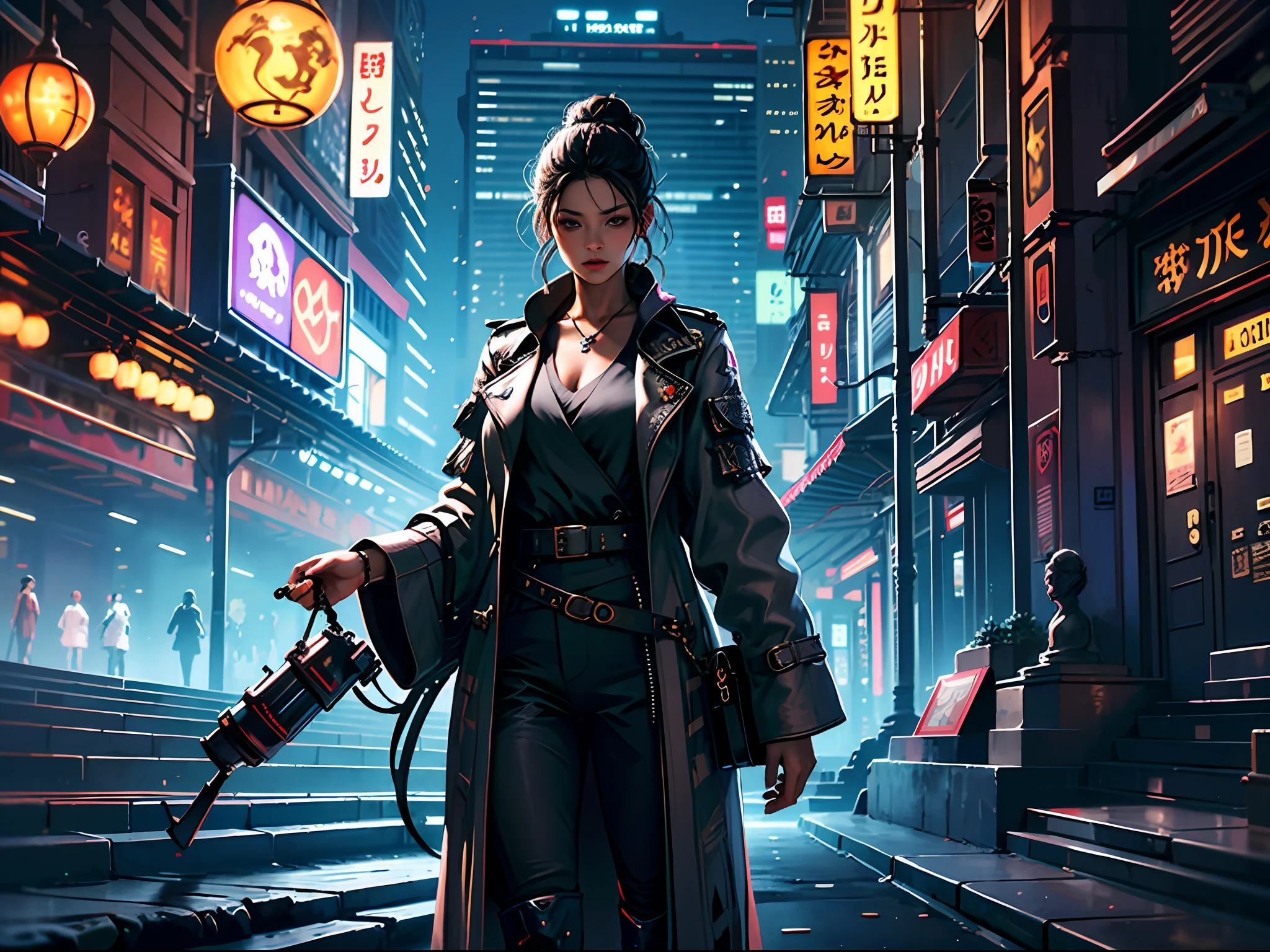 Masterpiece, (Ultra detailed), Gangster theme, Mature woman,Solo,Raised sexy,Trench coat, Dim lights, Smoke,black shadows, Corrupt cityscape, Highest quality, Single focus, (skimming: 1.1), full bodyesbian, Intricate (High detail: 1.1) illusory engine,cyber punk perssonage