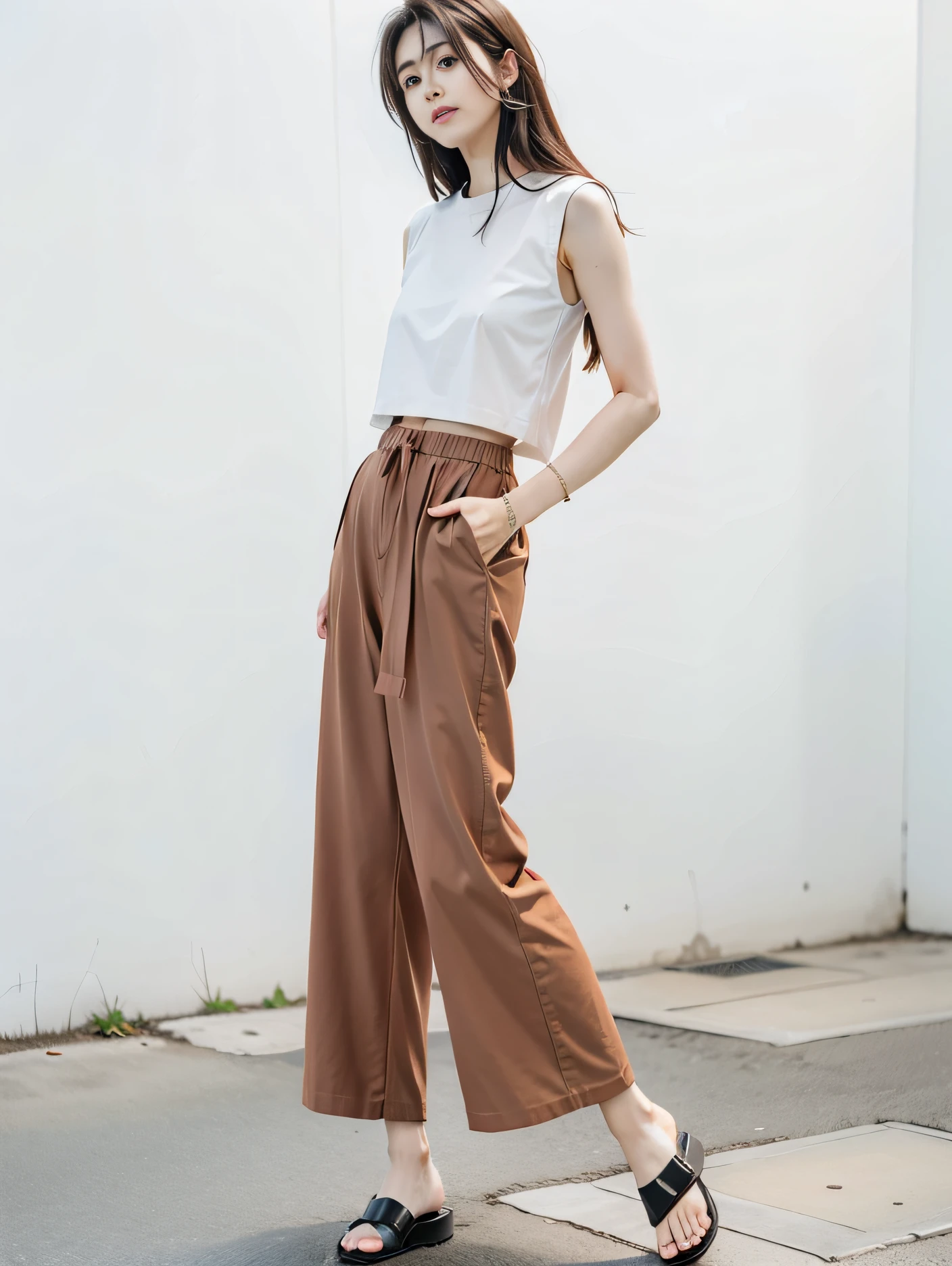 Photo Quality、An ultra-high picture quality、8K、32K、Woman in white top and brown pants standing in room, Brown pants, Large pants, Baggy pants, material is!!! plum!!!, advertisement picture, with long, Short puffy pants made of silk, Simple clothes, with two front pockets, Cute:2, Pants, thin waist, Brown clothes, thin-waist, simple style, Subtle earth tone、Downtown、standing on street corner