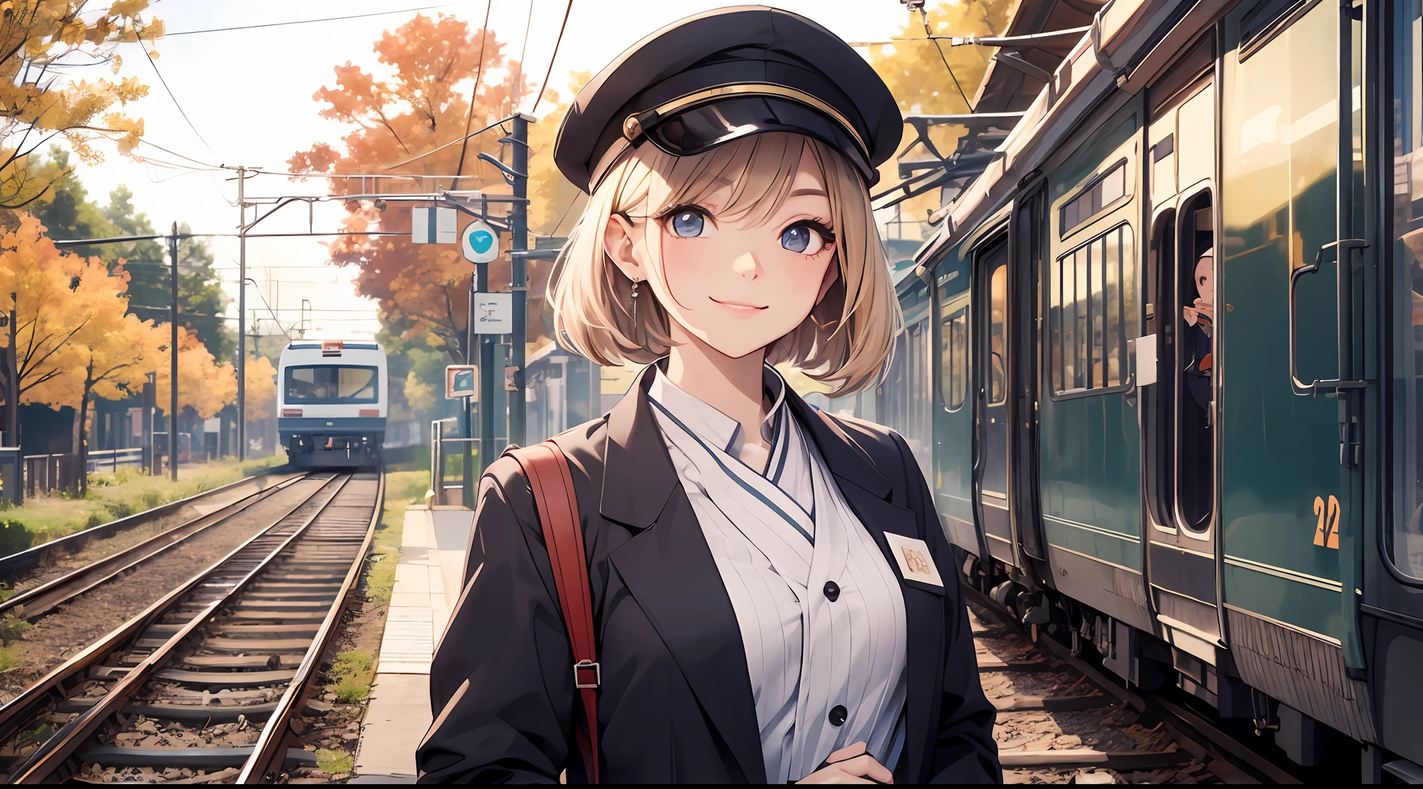 Photo, femele(22) Conductor working at the station platform, Cute, Smile, There are colored contacts in her eyes,校服、 Hose Accessories, Full body, Walking , in autumn