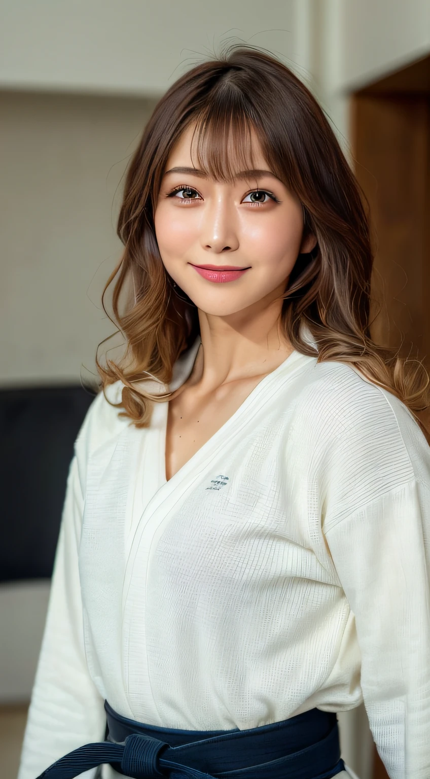 ((Top Quality, 8k, Masterpiece: 1.3)), Sharp Focus: 1.2, Women with Muscular Body: 1.4, Colored Eyes, ((Tanned Skin: 1.5)), ((Ash Hair: 1.15)), ((Silver Hair: 1.2)), ((Colorful Hair)), ((Highlight Color: 1.15)), ((Twisted Perm)), Wild Hairstyle, Judo athlete, arms hanging down, slim abdomen: 1.2, (((Big: 1.2)), wet body: 1.1, very detailed face and skin texture, detailed eyes, double eyelids, tanned skin, tanned, sweat-wet skin, 1girl, intricate details, cinematic feeling, 8K, highly detailed, (realistic, photorealistic: 1.37), super detail, top quality, realistic, Very delicate and beautiful, RAW photos, (professional lighting)), facial lighting, depth of field, single focal, (judo)), ((wearing judogi)), ((very detailed judo belt)), ((Brazilian jiu-jitsu belt)), (wearing the official judo uniform), ((long sleeve)), (wearing a t-shirt)), (muscular and healthy), small head, tall stature, (((beautiful eyes)), realistic face, real face, fine eyes, (fashionable hairstyle: 1.35), viewer, (smiling brightly Japan woman)), sports, (smile: 1.15), (closed mouth), fine and beautiful eyes, (dojo: 1.3), healthy body, dark skin