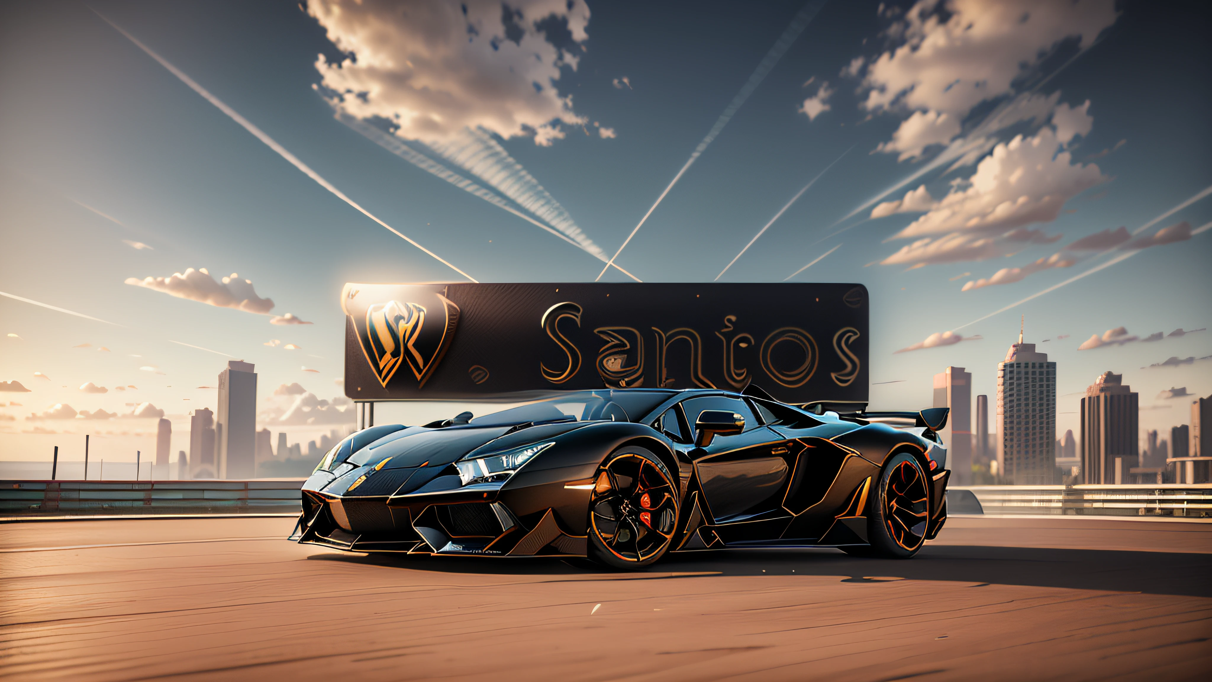 Logo com o nome W. Santos no painel de uma lamborghini aventador, 8k, 3D-rendering, hiper realista, sobre uma pista de corrida noturma com uma imensa e linda Lua cheia, NVIDIA, ray-traced, Bokeh, profundidade de campo, Sinalizadores,