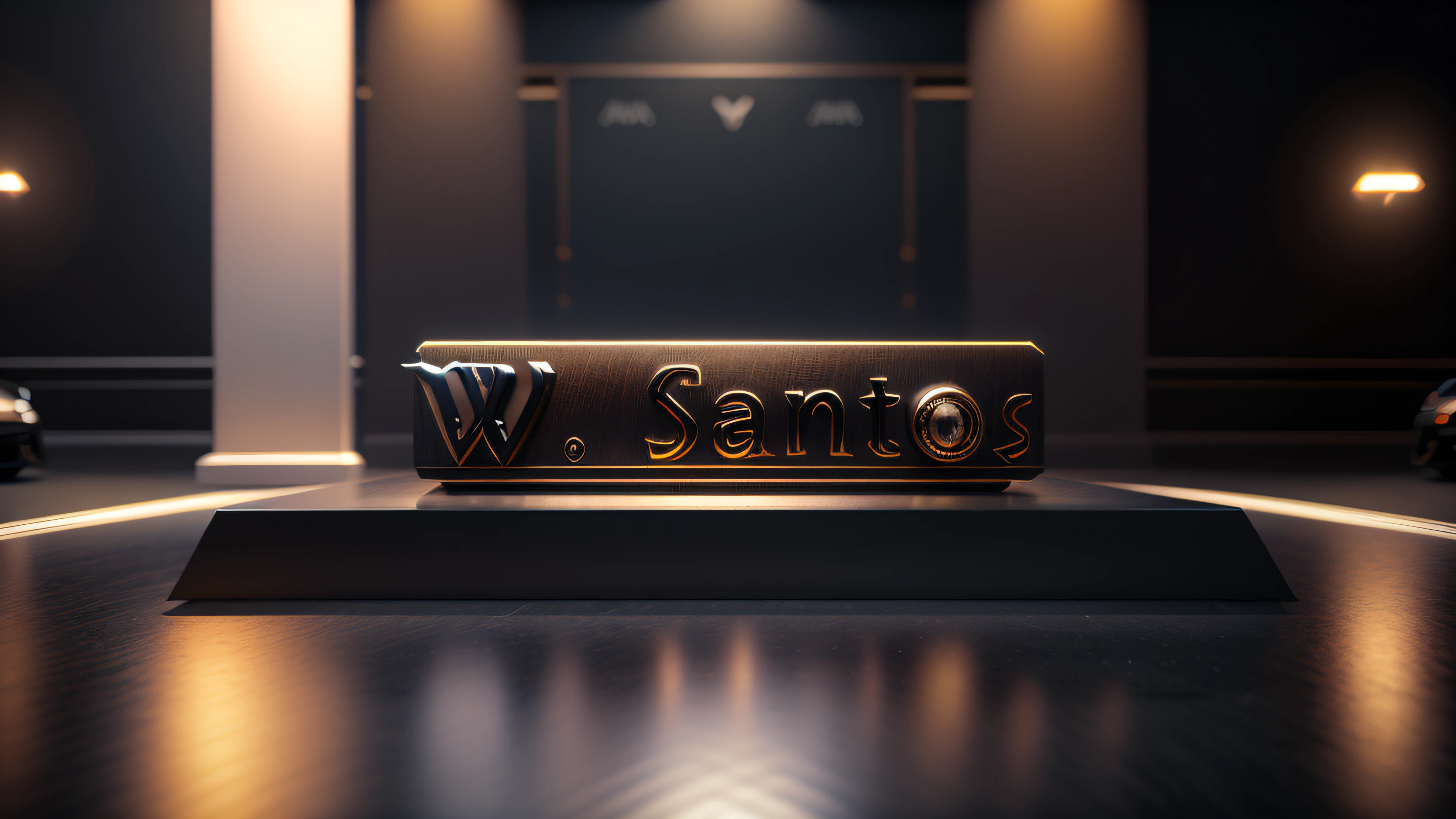 Logo com o nome W. Santos no painel de uma lamborghini aventador, 8k, 3D-rendering, hiper realista, sobre uma pista de corrida noturma com uma imensa e linda Lua cheia, NVIDIA, ray-traced, Bokeh, profundidade de campo, Sinalizadores,