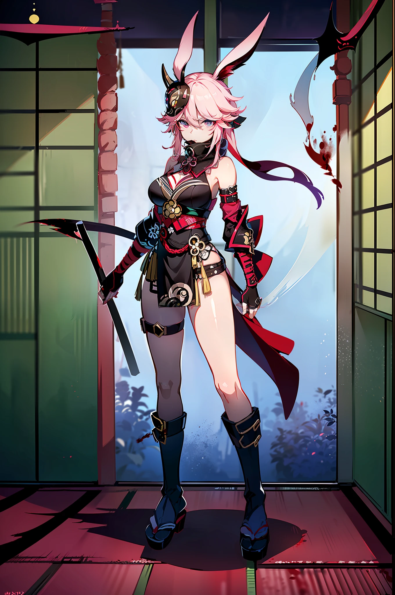 {{masterpiece, best quality, extremely detailed CG, unity 8k wallpaper,anatomically correct,ultra resolution}},Award-winning photography,(best illumination,Very Delicate and Beautiful),{1girl,solo},(full body view:1.5),((yae_kasumi)),(extremely beautiful and detailed face:1.2), (extremely beautiful and detailed eyes:1.2),fox ears,perfect hands,delicate legs,((black ninja mask:1.5,black fingerless gloves,black boots)),looking at viewer,point at viewer,(move stealthily:1.4),dark persona,evil,((night, dark atmosphere, dark theme, scary atmosphere, darkness:1.5)),blood on face, blood on floor, blood on walls,dramatic shadows,(dimly lit:1.5),(blood mist,blood splash:1.4),cherry blossoms,depth of field,(extremely beautiful and detailed background:1.2),(murder:1.3),((indoor,haunted japanese house:1.4)),{perfect human body structure with maximum precision}