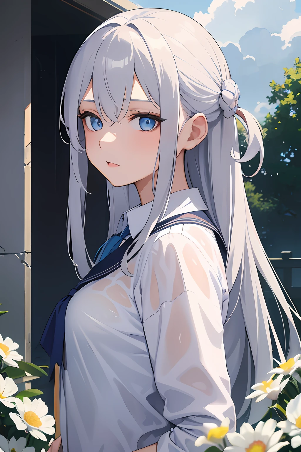Masterpiece, Best Quality, 1girl, from side, Silver hair, Long hair, blue eyes, Sateen, looking a viewer, (wet shirt), school uniform, white shirt, exteriors, Flowers, cloudy sky,