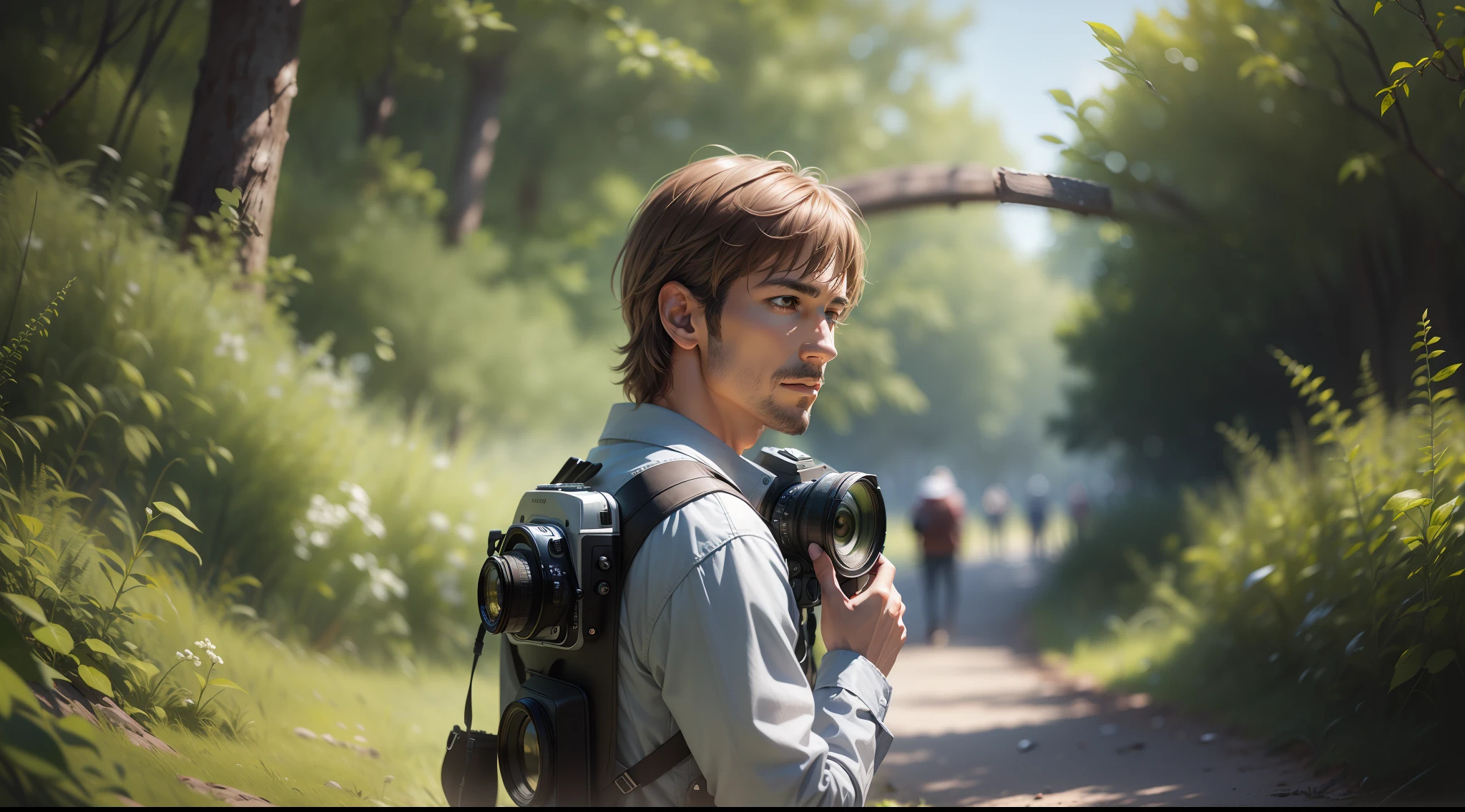 drawing, ultra realistic, 8k, extremely detailed, high quality, man with camera in hands, taking pictures of nature and people, natural daytime, ultra realistic image, realistic texture, extremely detailed, realistic texture, high quality,