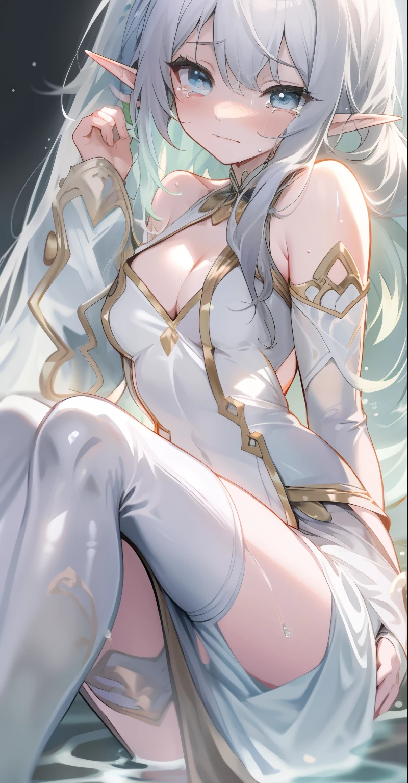 White-haired in tight white socks,Long flowing hair, Tights, Absolute realm, Sexy look, see - through, clear curvy details, Slender legs loom,White body,Hair is shiny,Delicate and shiny skin,Slender body,breast curtains,Naked chest,Upturned buttocks,Plump breasts,The body was soaked with sweat,Poor milk,Exposing the abdomen,The lower abdomen is firm,ears of elf,weeping,streaming tears,In the water
