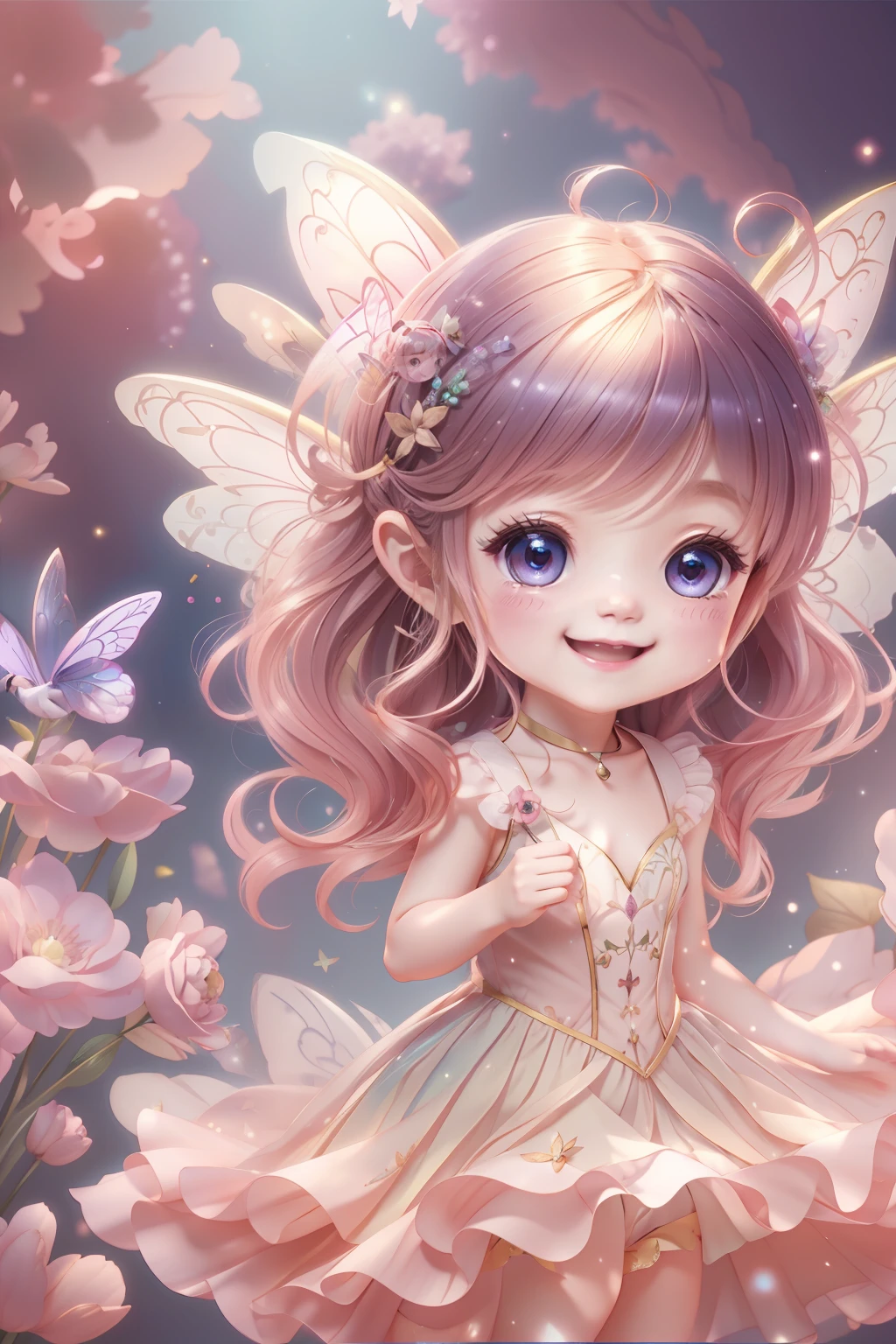 Cute fairy with a sense of transparency、Bright smile、Have fun playing、Beautiful background、Bright background、pink back ground