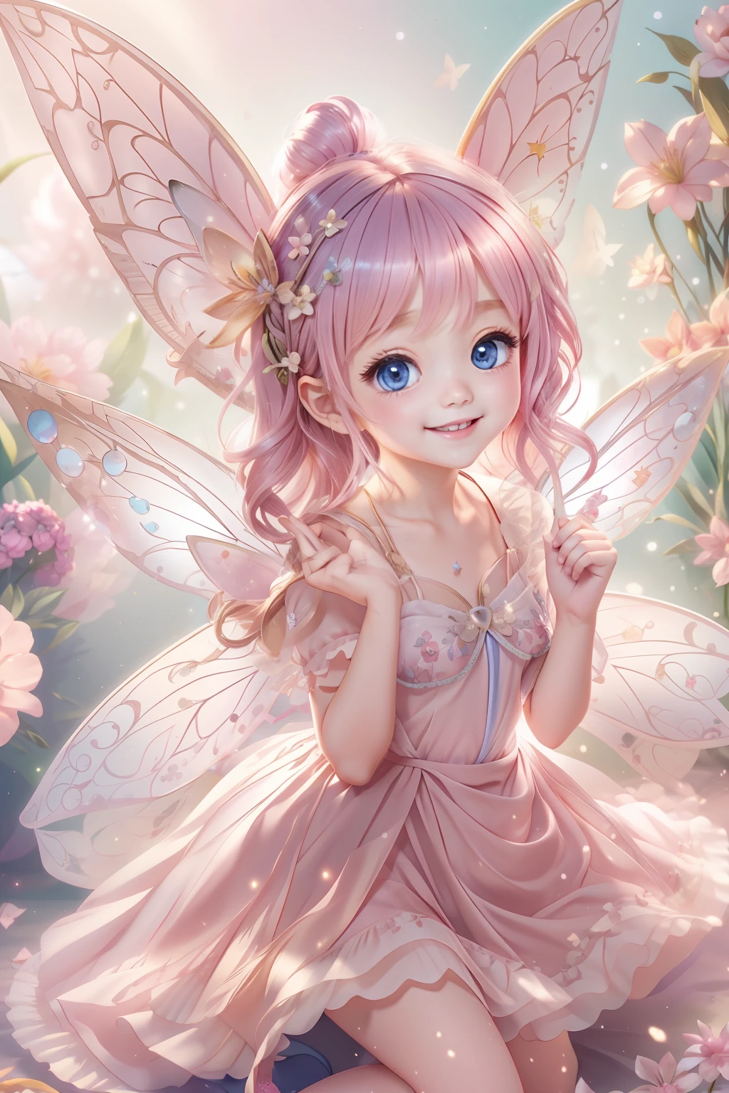 Cute fairy with a sense of transparency、Bright smile、Have fun playing、Beautiful background、Bright background、pink back ground