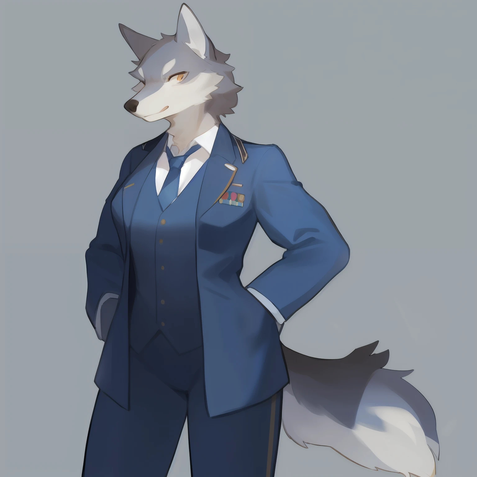 Solo, female, standing, muscular, wolf, hair, by bebebebebe, simple background, blue military uniform, waist coat, waistcoat, tie, shoulerpads