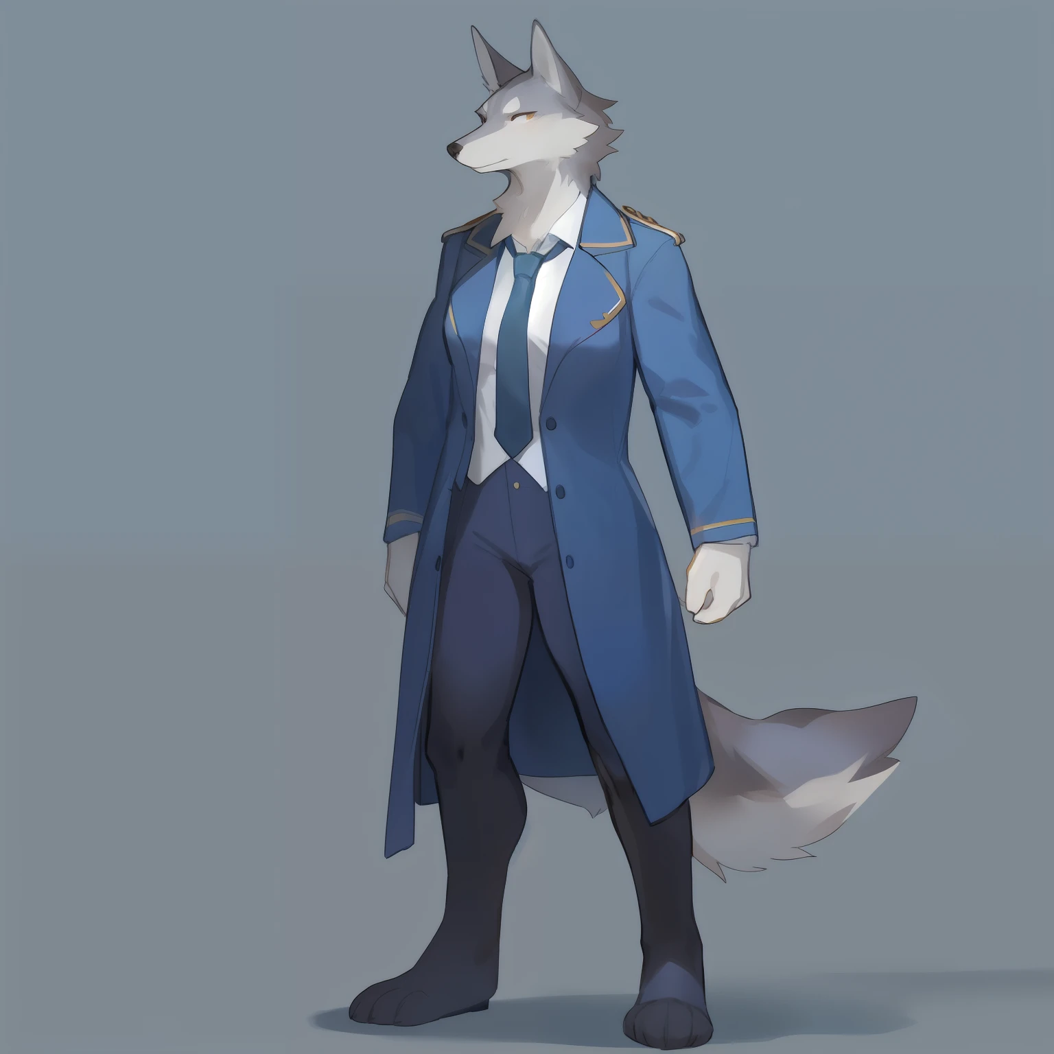 Solo, female, standing, muscular, wolf, hair, by bebebebebe, simple background, blue military uniform, waist coat, waistcoat, tie, shoulerpads