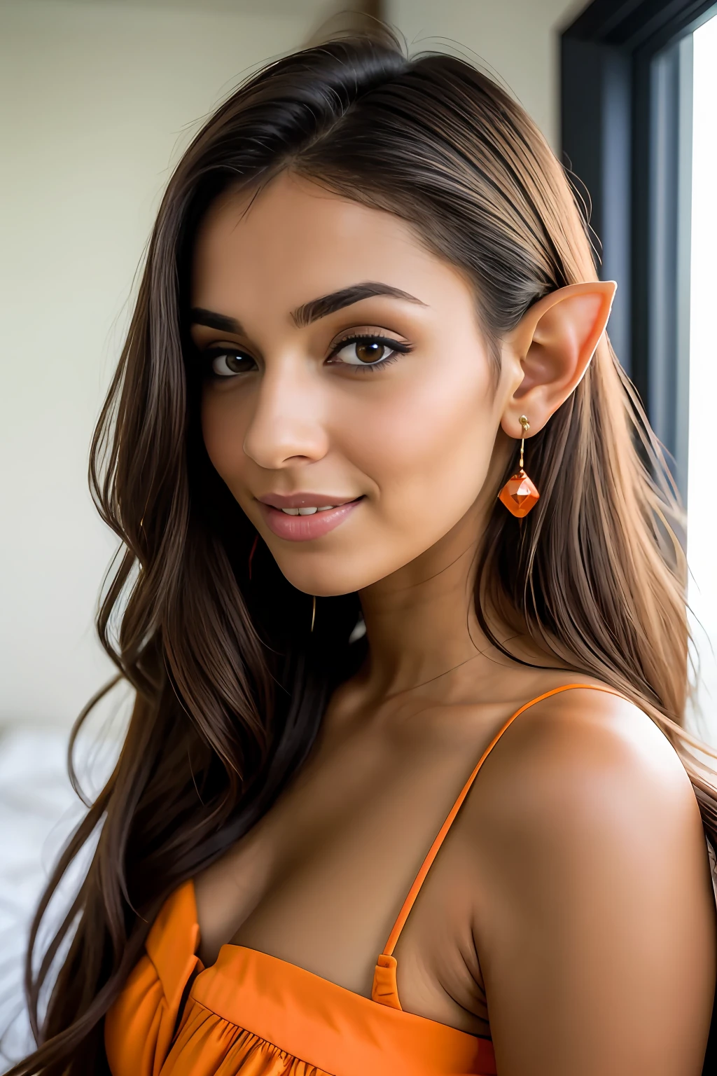 RAW photo, a medium shot portrait photo of beautiful brunette elven woman in a orange dress, 21 years old, busty, beautiful eyes, ((elf ear)), black hair, tanned skin, slim body, beautiful expression, your gaze penetrates the soul, smiling, night light, background is bedroom, (high detailed skin:1.2), 8k uhd, dslr, soft lighting, high quality, film grain, Fujifilm XT3