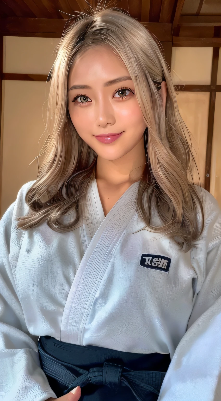 ((top-quality、8k、masterpiece:1.3))、foco nítido:1.2、Woman with muscular body:1.4、colored eyes、((skin tanned:1.5))、((Ash Color Hair:1.15))、((Silver-colored hair:1.2))、((colourful hair))、((Highlight Color:1.15))、((Twisted perm))、Wild hairstyle、Judo athlete、Hang your arms down、slim abdomen:1.2、((huge tit:1.2))、Wet body:1.1、Highly detailed facial and skin texture、 A detailed eye、二重まぶた、skin tanned、sun burn、sweat-wet skin、1girl, intricate-detail, Cinematic feel, 8K, ighly detailed、(realisitic、Photorealsitic:1.37)、The ultra-detailliert、top-quality、realisitic、extremely delicate and beautiful、RAW Photography、((profetional lighting))、lighting on the face、depth of fields、Single focal length、((judo))、((Wearing a judogi))、((Highly detailed judo obi))、((Brazilian Jiu Jitsu Belt))、(Wearing the official judo uniform)、((long sleeve))、((Wear a T-shirt))、(Muscular and healthy)、small head、Tall、((beautidful eyes))、lifelike face、True Face、 Fine eyes、(Fashionable hairstyle:1.35)、viewer、((Japan woman smiling brightly))、Desportivo、(a smile:1.15)、(a closed mouth)、fine and beautiful eyes、(dojo:1.3)、Healthy body、Dark skin、(judo hall)