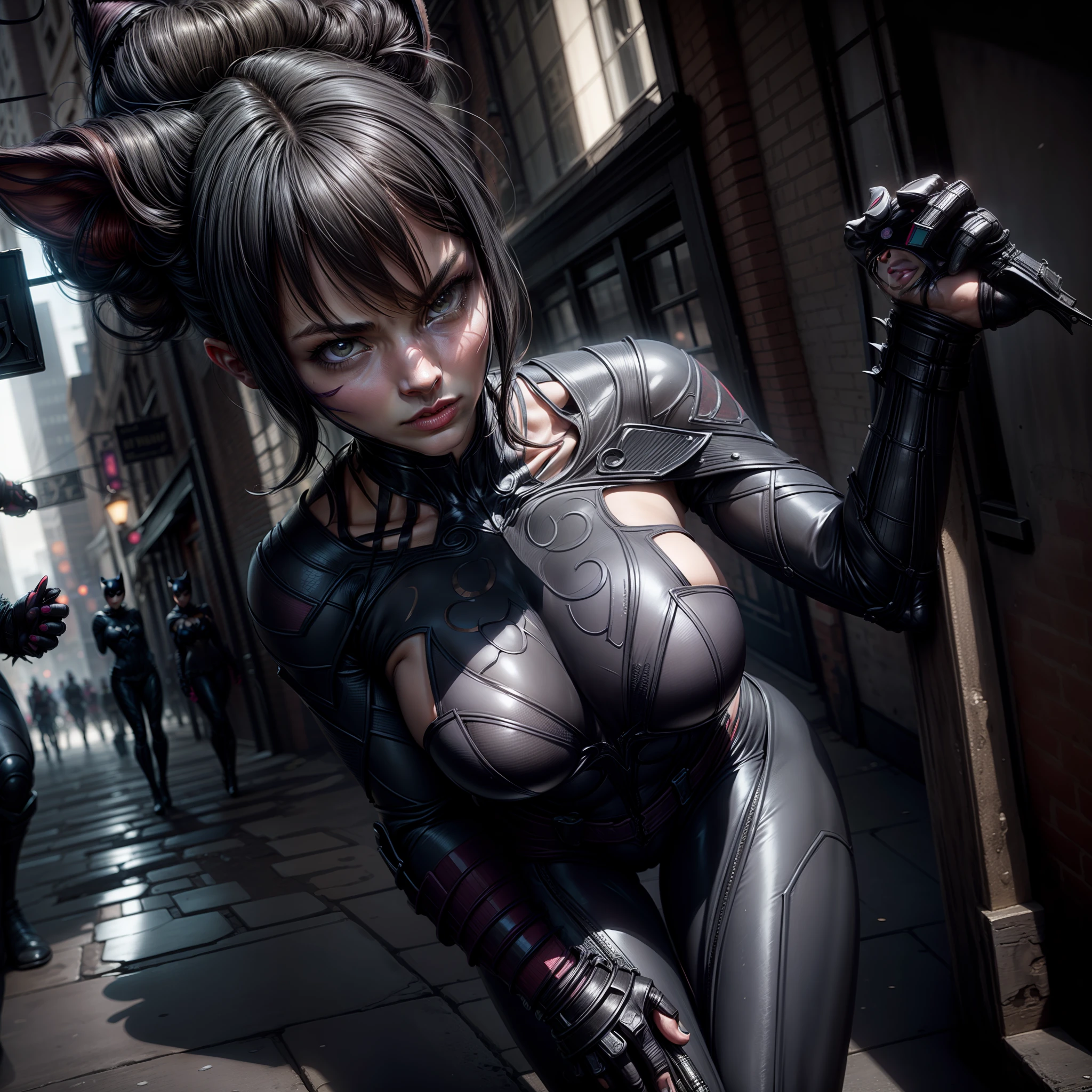 Hyperrealism detailed, batman and two police officers on a city street, metropolis filmic gotham city, gotham city style, anigirl batman, batman with guns, from movie batman, cyberpunk batman, gotham city, portrait shot, batwoman, batman, 3d render of catwoman, in batman movie still cinematic, batgirl, inspired by Zack Snyder, mark zuckerberg as catwoman, gotham, catwoman