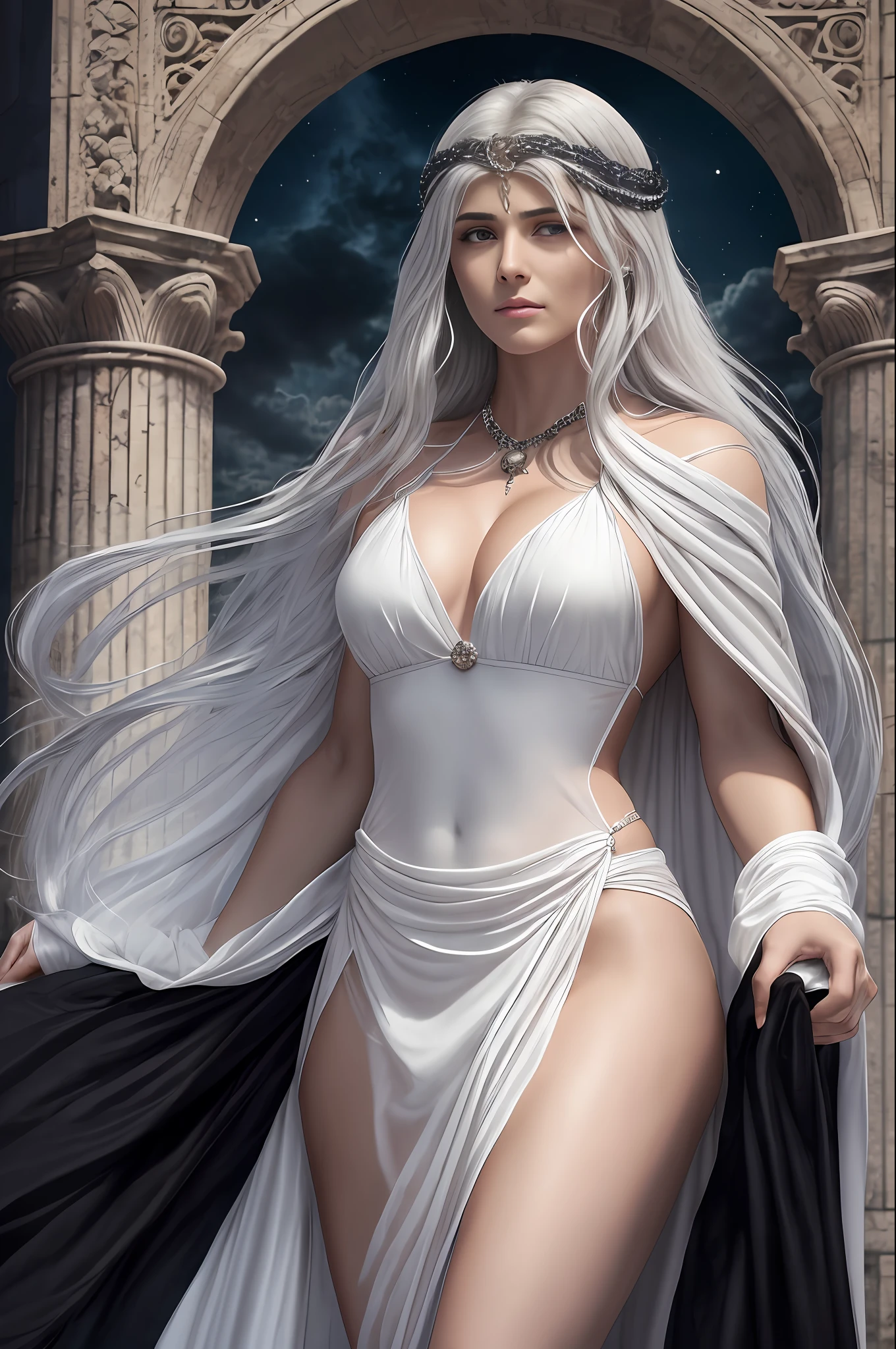Dramatic scene with 3 characters;
Zeus, the Greek God of Olympus, depicted as an older, muscular man with long white hair, a long beard, and a white robe.
Hypnos, the Greek God of the Ground, depicted as a handsome, blond-haired young man, dressed in a white robe and black cloak.
Selene, Greek Goddess of the Moon, represented as a beautiful woman with a beautiful body and long silver hair; she is on her knees begging and crying, she wears a long white tunic of semi-transparent silk. Silvery moonlight illuminates the stage, highlighting the ethereal beauty of the goddess, while dark clouds loom ominously in the background --auto --s2