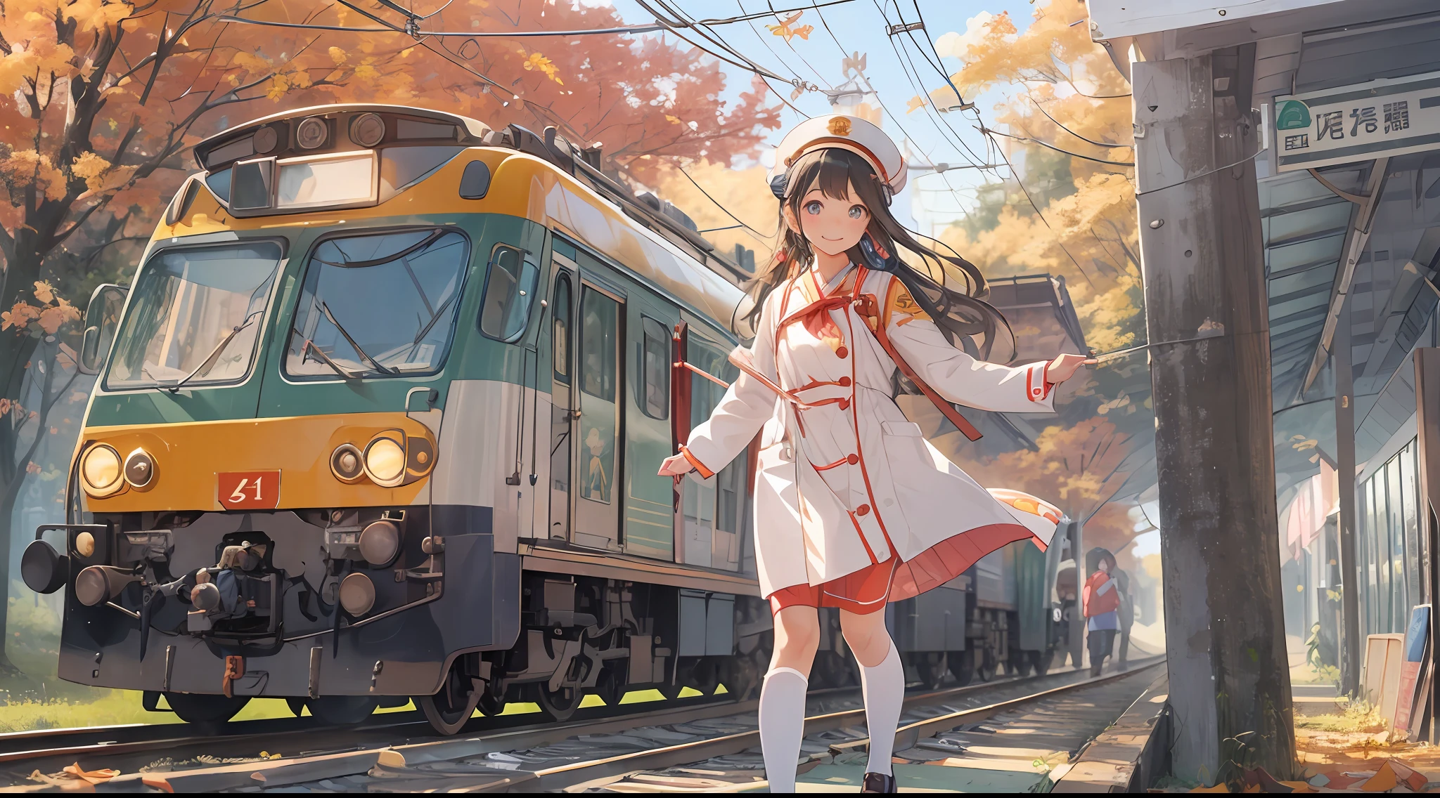 Photo, femele(22) Conductor working at the station platform, Cute, Smile, There are colored contacts in her eyes,校服、 Hose Accessories, Full body, Walking , in autumn