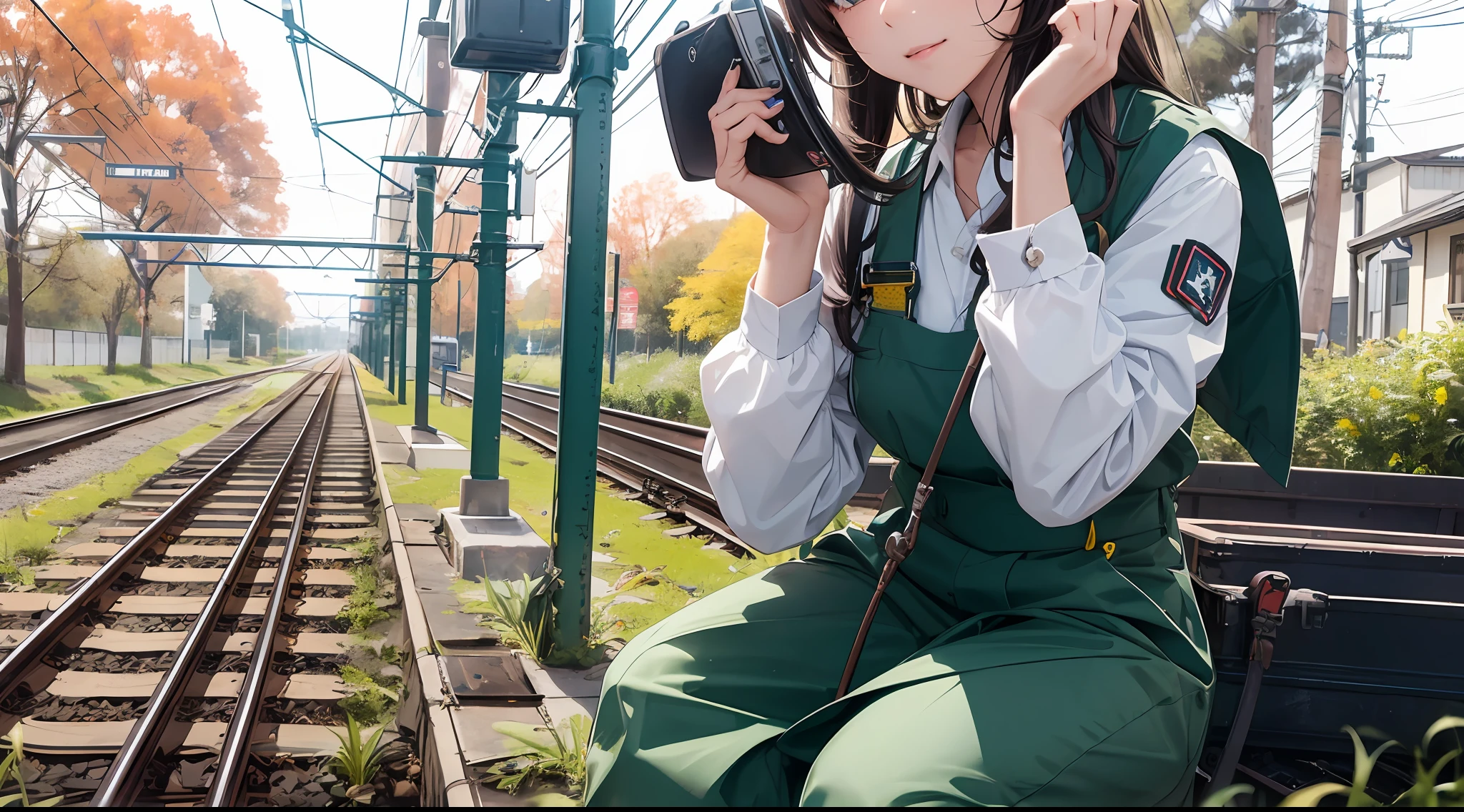 Photo, femele(22)、 Female mechanic working on the railway, Cute, There are colored contacts in her eyes,校服、 Hose Accessories, Full body , in autumn