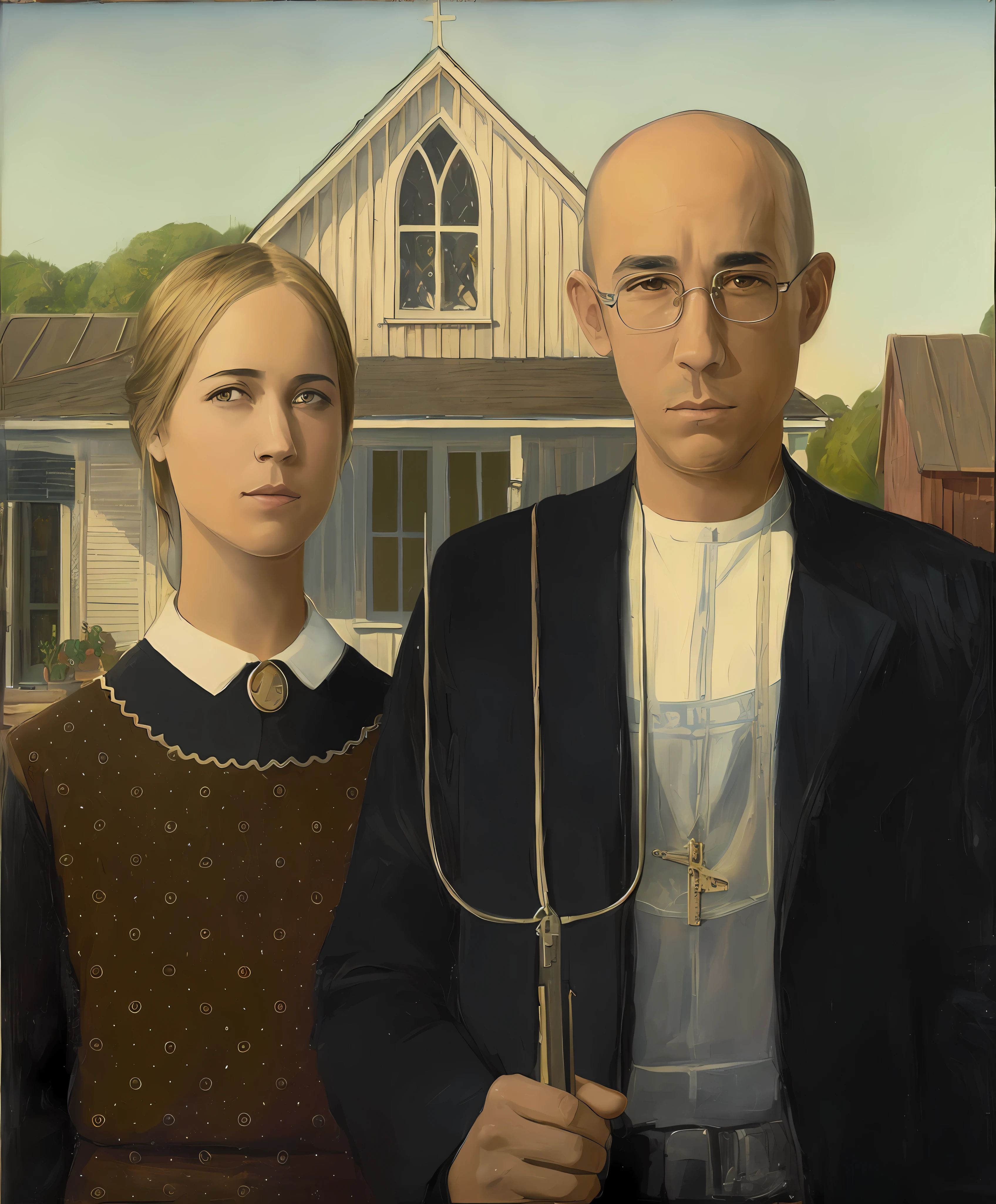 painting of a man with leather jacket and white shirt by baico, a faint smile, in his hand has a key of a car,his face must be identical to that of the actor Vin Diesel, and a woman wearing a white regatta version shirt, with a thin iron necklace in the shape of a cross at its tip,  a slight smile, his face should identical to the actor Michelle Rodriguez, a painting of two people, looking directly at the viewer, couple