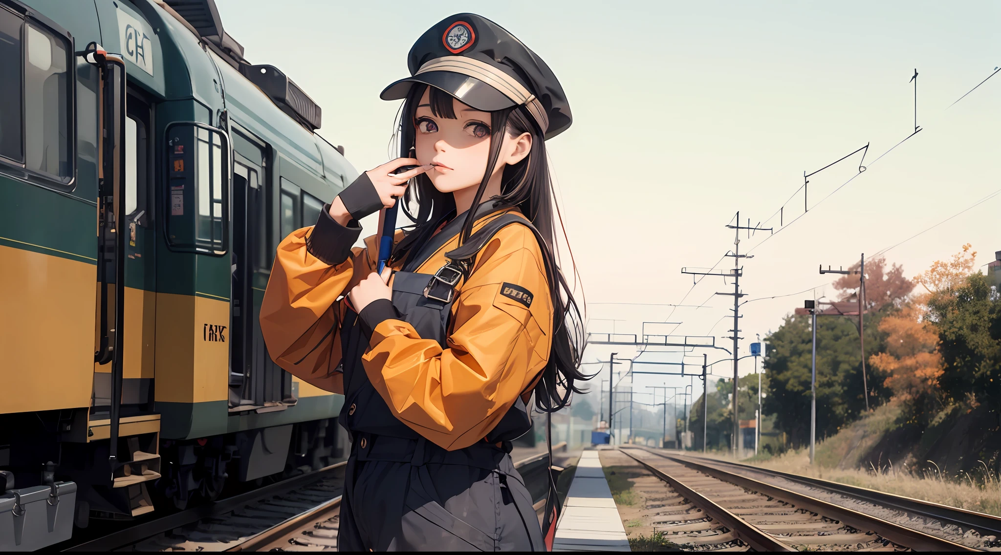 Photo, femele(22)、 Female mechanic working on the railway, Cute, There are colored contacts in her eyes,校服、 Hose Accessories, Full body , in autumn