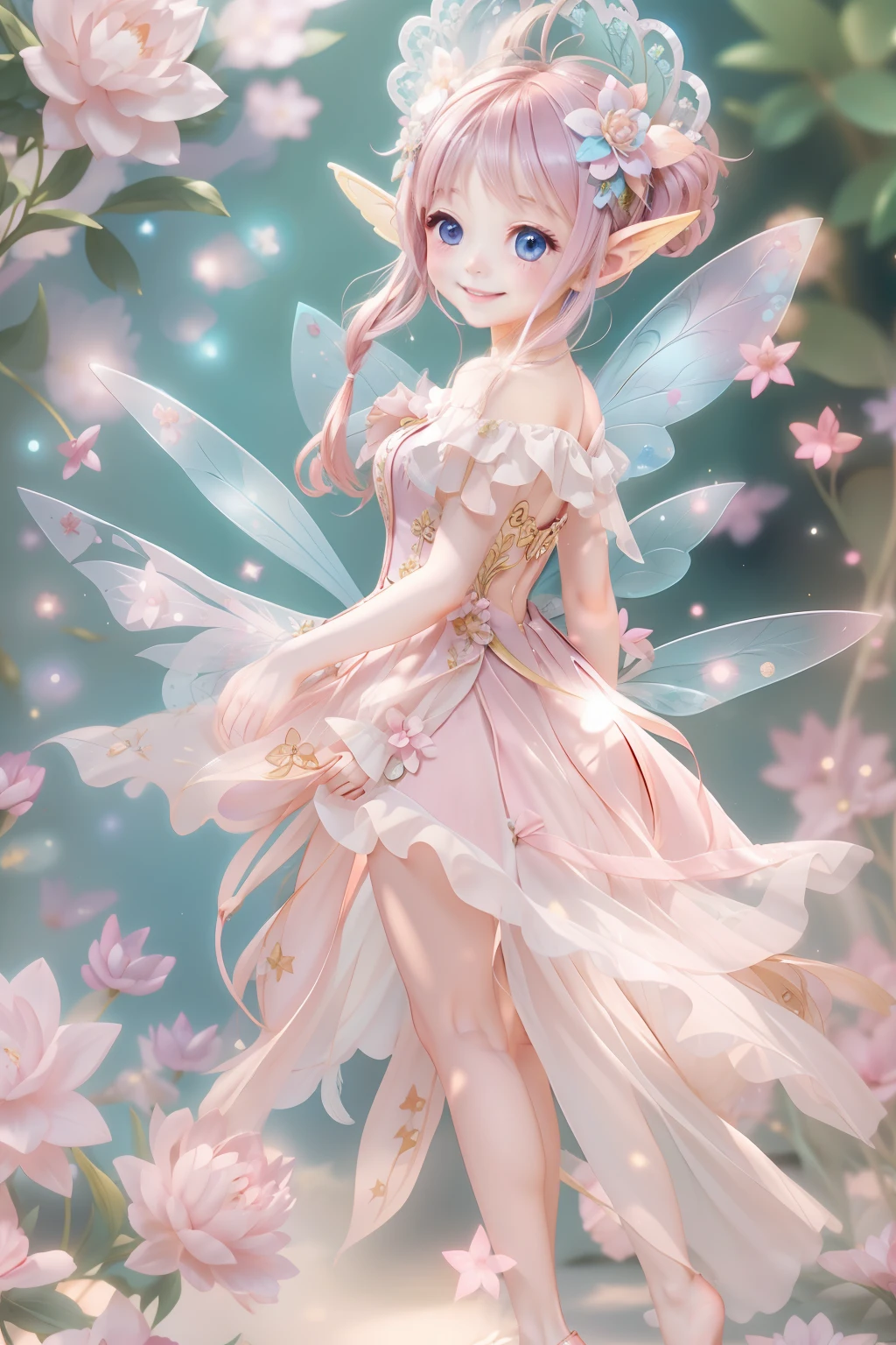 Cute fairy with a sense of transparency、Bright smile、Have fun playing、Beautiful background、Bright background、pink back ground