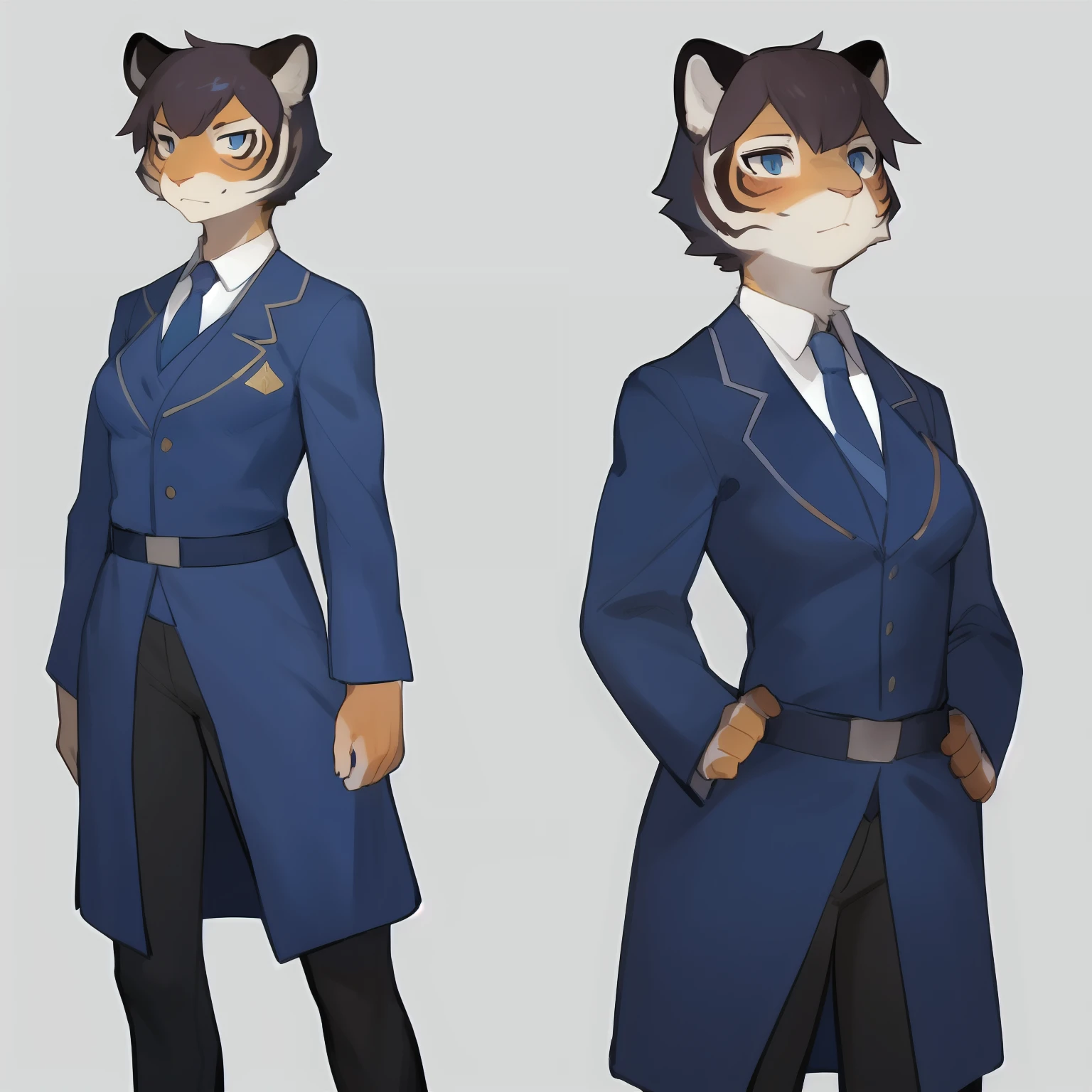 Solo, female, standing, muscular, hair, by bebebebebe, simple background, blue military uniform, waist coat, waistcoat, tie, shoulderpads, tiger, ((short hair))