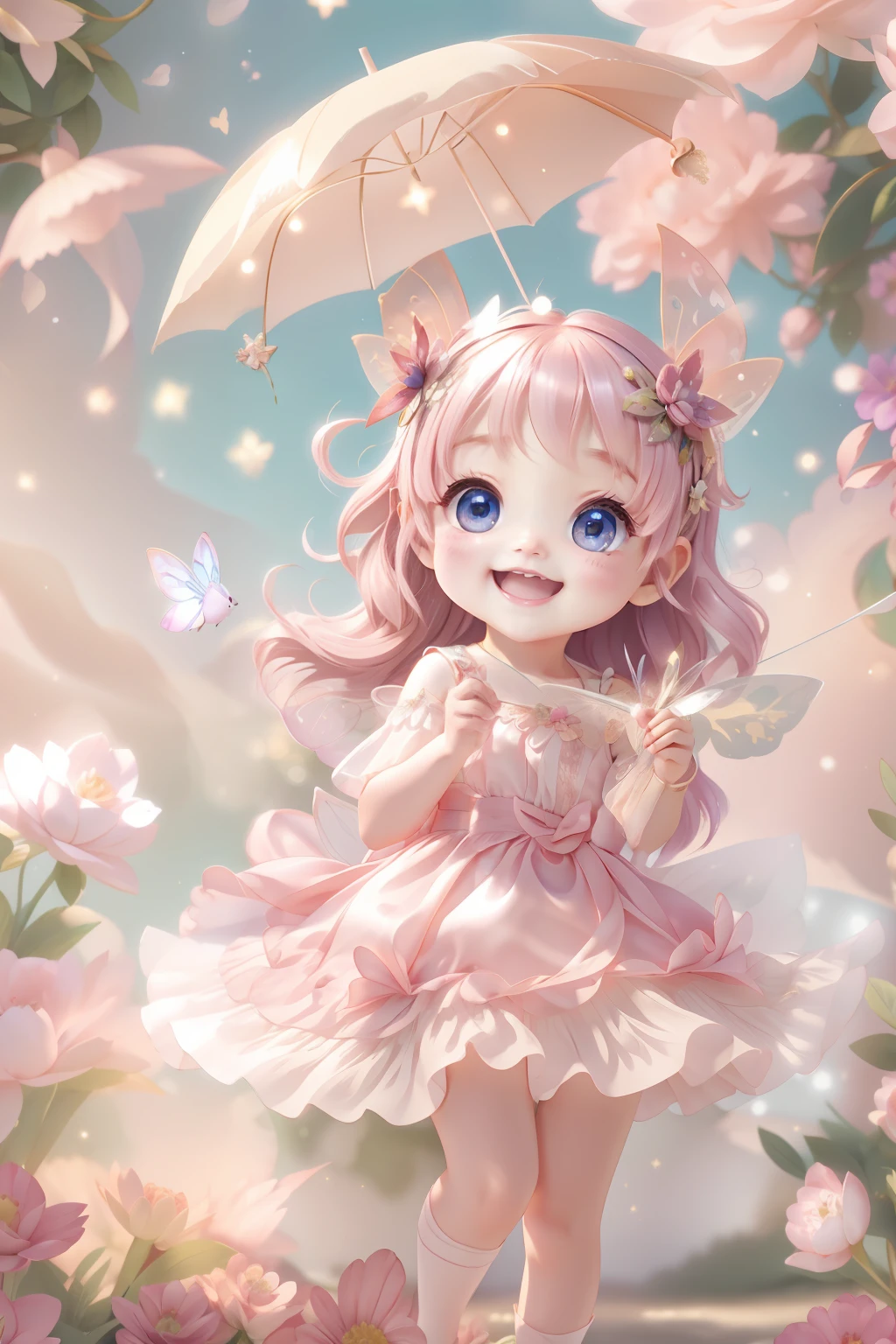 Cute fairy with a sense of transparency、Bright smile、Have fun playing、Beautiful background、Bright background、pink back ground
