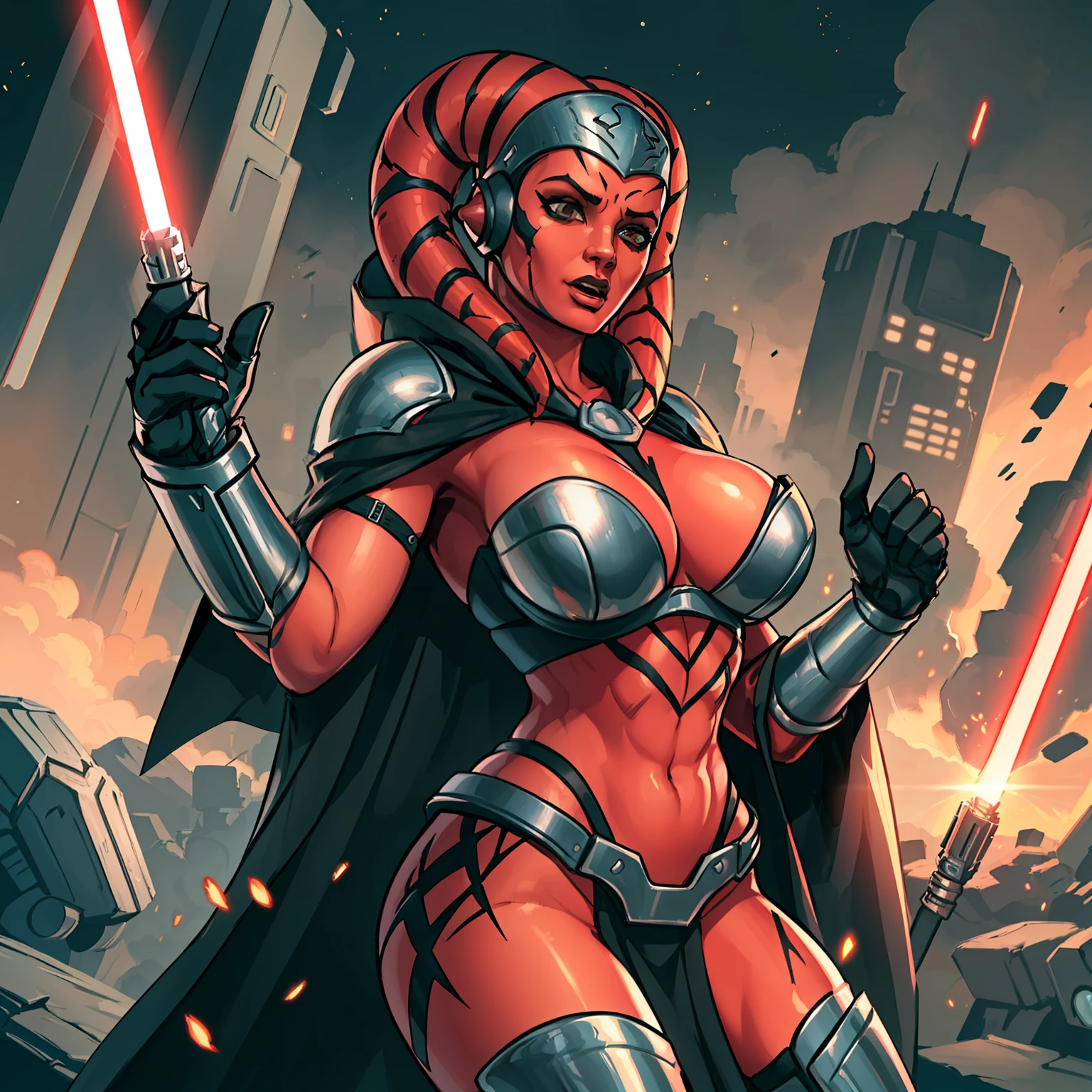 action scene, fighting, masterpiece, best quality, high-definition, armor, busty, ((red skin), twi'lek), dual red lightsabers, evil space knight, space ninja, (wearing black robes, black stealth armor, breastplate, tunic, tabard, cowl, cloak, body glove, straps, buckles, skirts, long sleeves, fantasy, ((armor))), ((busty), slender body, thin, slim sexy body, slim waist, (((huge breasts)))), Imperial starship, Star Wars,