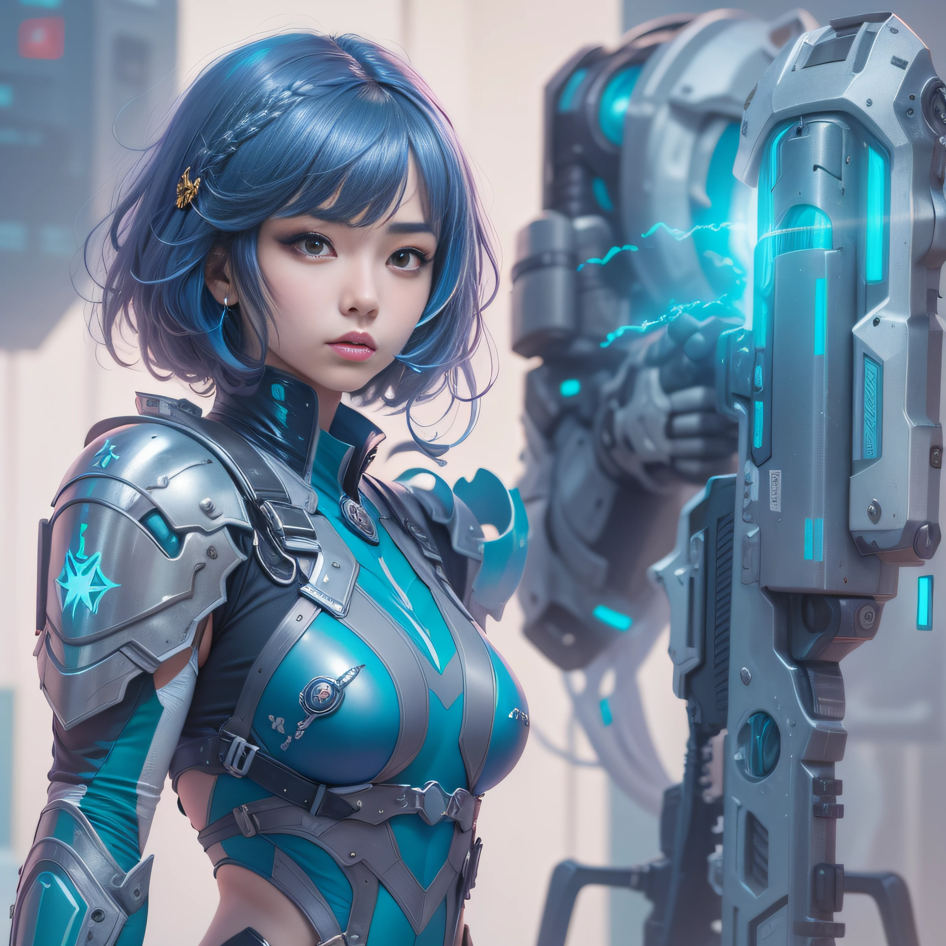 Uma jovem mulher japonesa com cabelo azul e armadura futurista, cinta-liga futurista, pistolas futuristas, corpo inteiro.