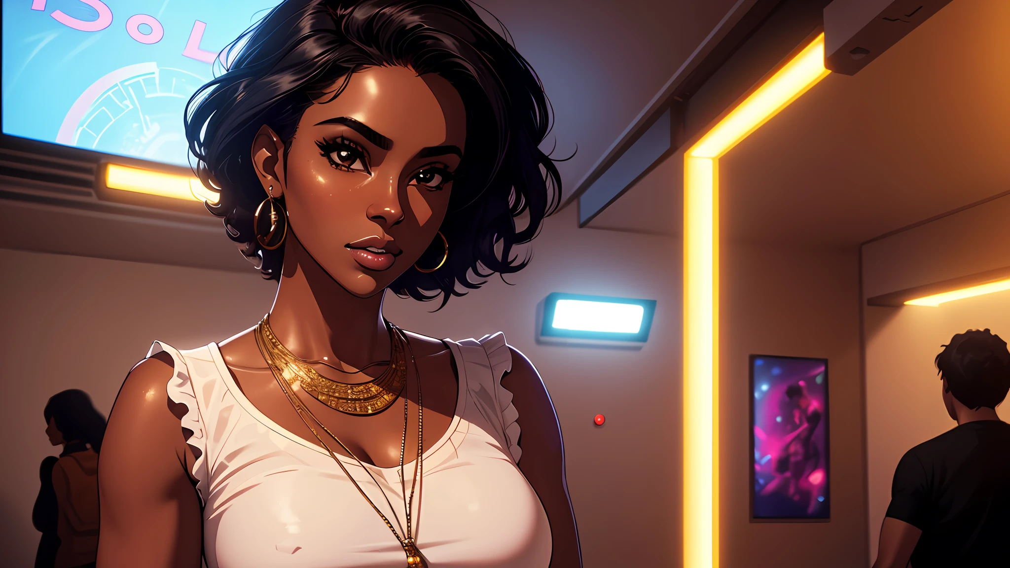 A beautiful dark skin woman it's listen to a good music and dancing in a disco, she is wearing clothes from the 60's, full body shot, centered, masterpiece, the best quality, perfect eyes, perfect face, perfect lighting, photo shoot, SSAHC, photorealistic, 8k masterpiece, hyperrealistic, realistic intricate details, well-detailed texture and environment pure perfect lighting
