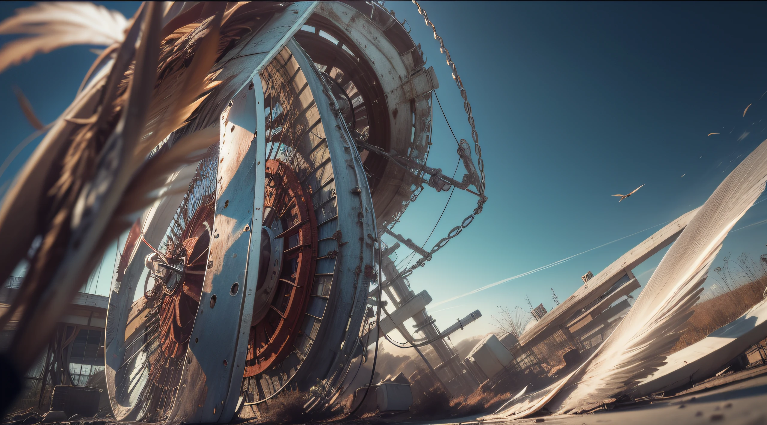 a heavily distorted, fading late morning clear sky, a singular object comprised of contorted feathers/machinery/pipes/rusted components is floating in the air, steel strings weave into each other, extra detail, 4kHD details, best resolution, surrealistic composition, extreme camera angle, motion blur, depth of field, foreshortening, tilted camera angle, cinematic lighting, movie scene