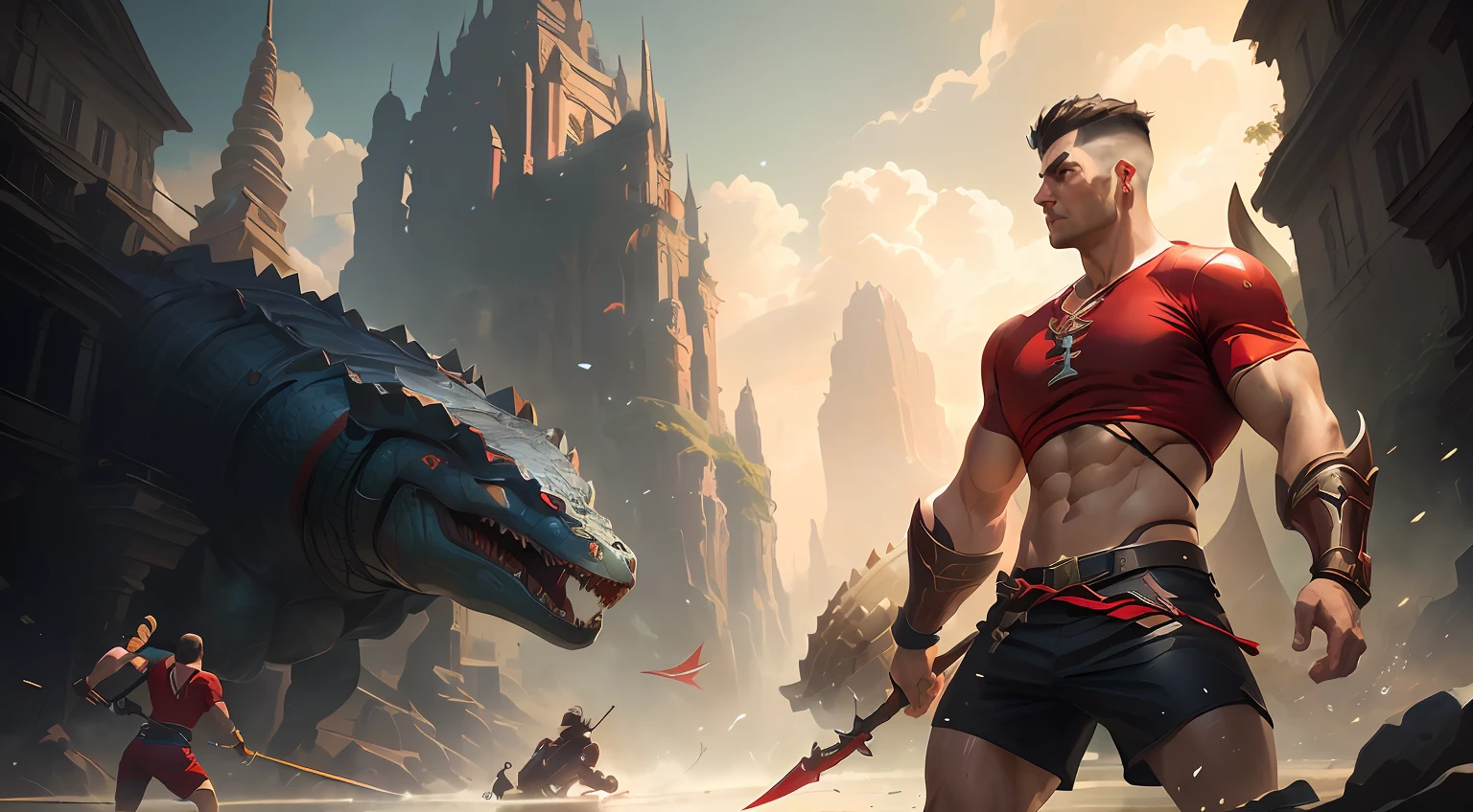 There was a man wearing a red shirt and red shorts holding a spear fighting a crocodile.., Wojtek FUS, muscular male hero, by Aleksander Gine, Thai Digital Painting, epic fantasy digital art style, artgerm and atey ghailan, Epic Digital Art Illustration, epic fantasy art style, By Aleksander Kotsis, William H... Pontiluppi