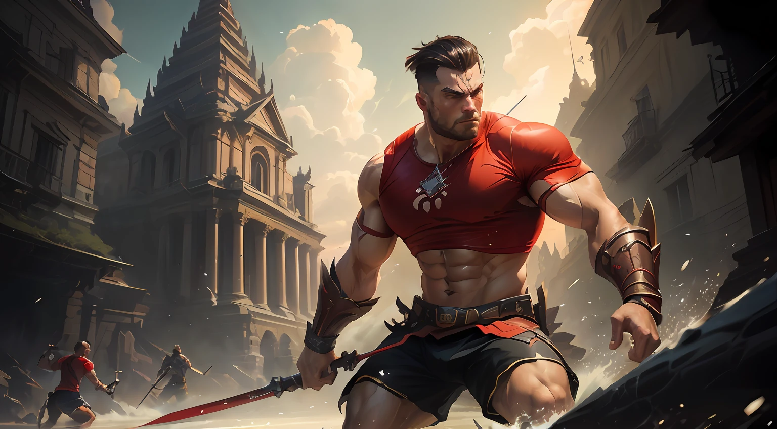 There was a man wearing a red shirt and red shorts holding a spear fighting a crocodile.., Wojtek FUS, muscular male hero, by Aleksander Gine, Thai Digital Painting, epic fantasy digital art style, artgerm and atey ghailan, Epic Digital Art Illustration, epic fantasy art style, By Aleksander Kotsis, William H... Pontiluppi