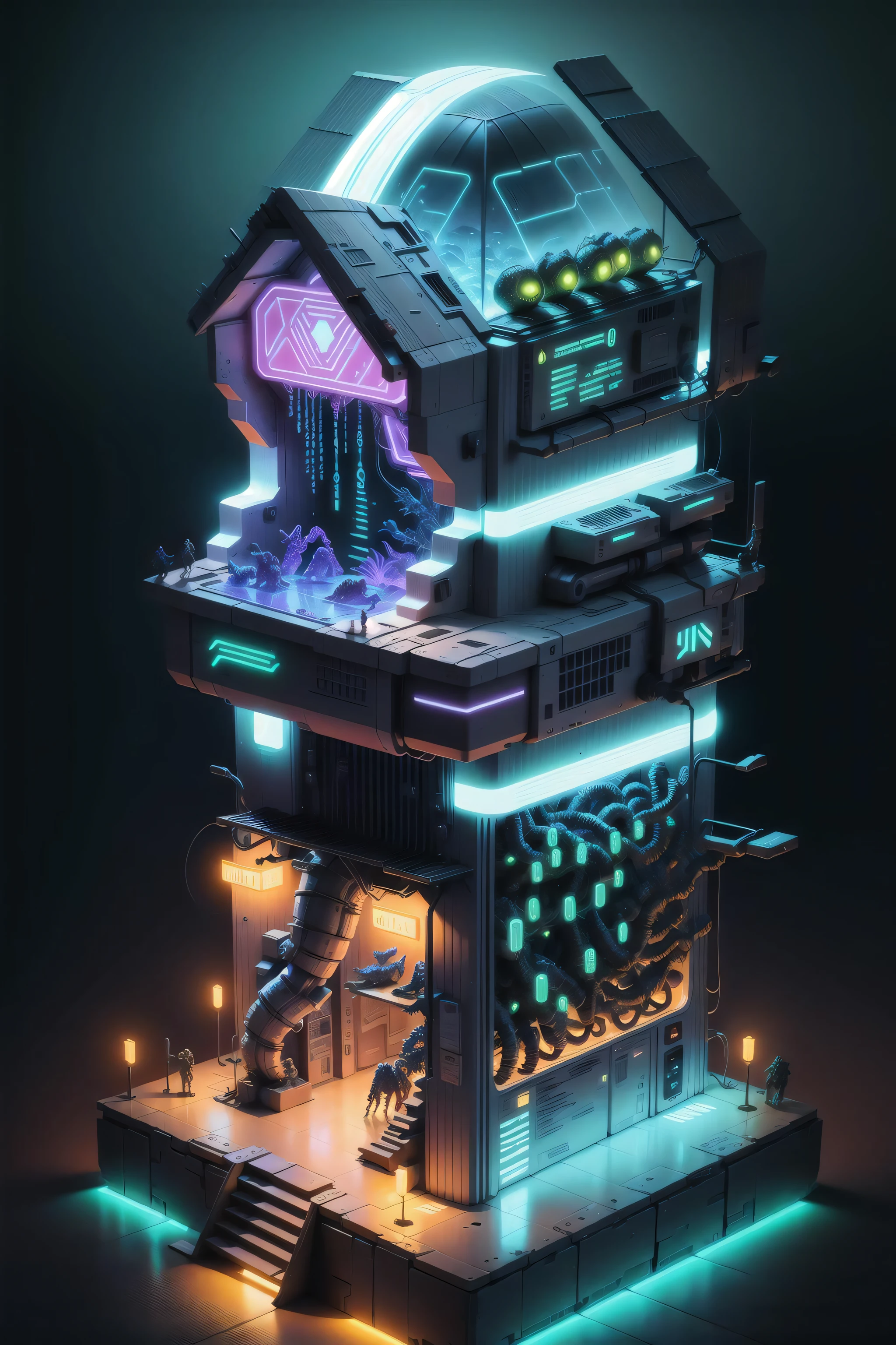 detailed, smooth shading, neon lighting, ((isometric)) render of alien predator sci-fi organic technology world, intricate, elegant, illustration