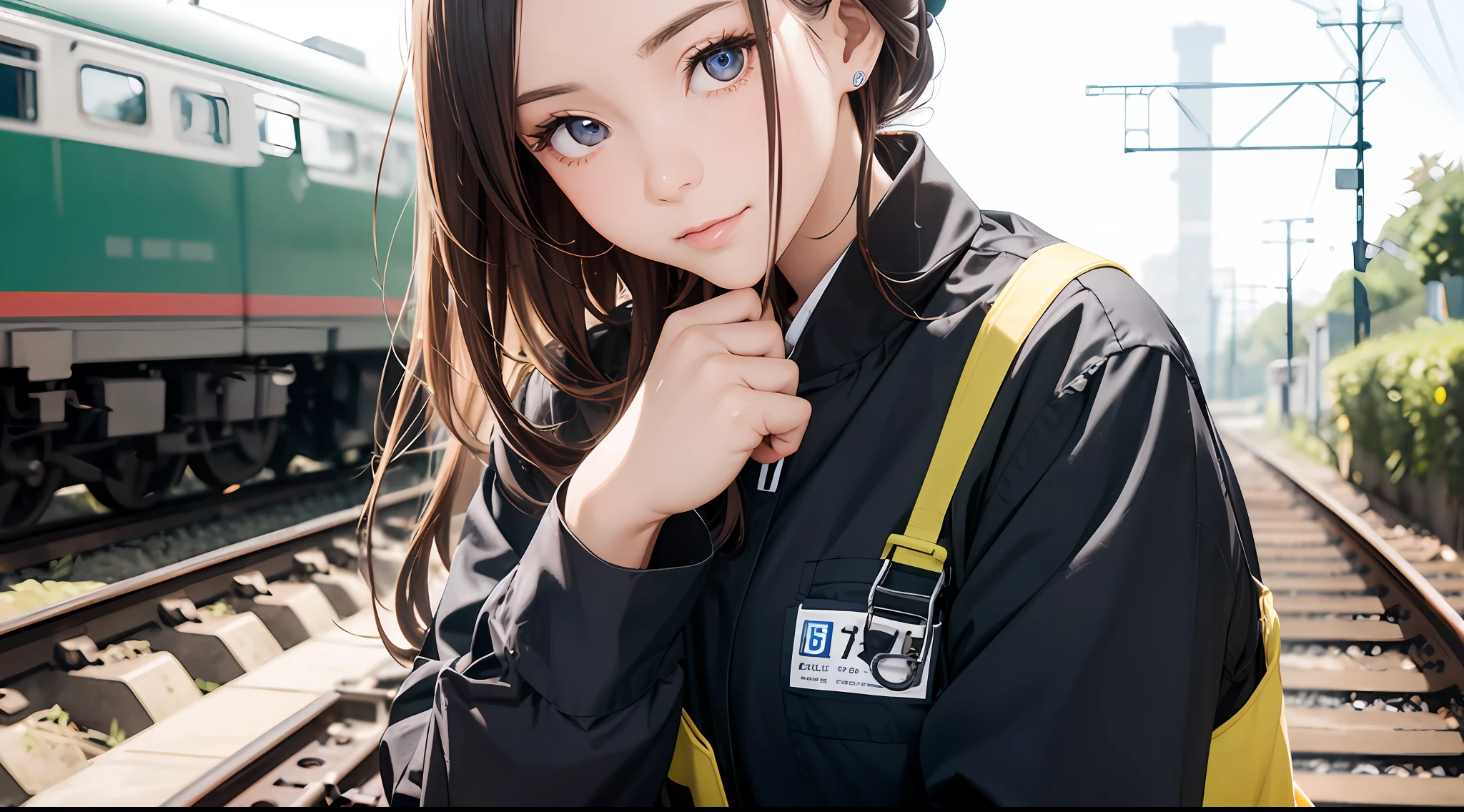 Photo, femele(22)、 Female mechanic working on the railway, Cute, There are colored contacts in her eyes,校服、 Hose Accessories, Full body , in autumn