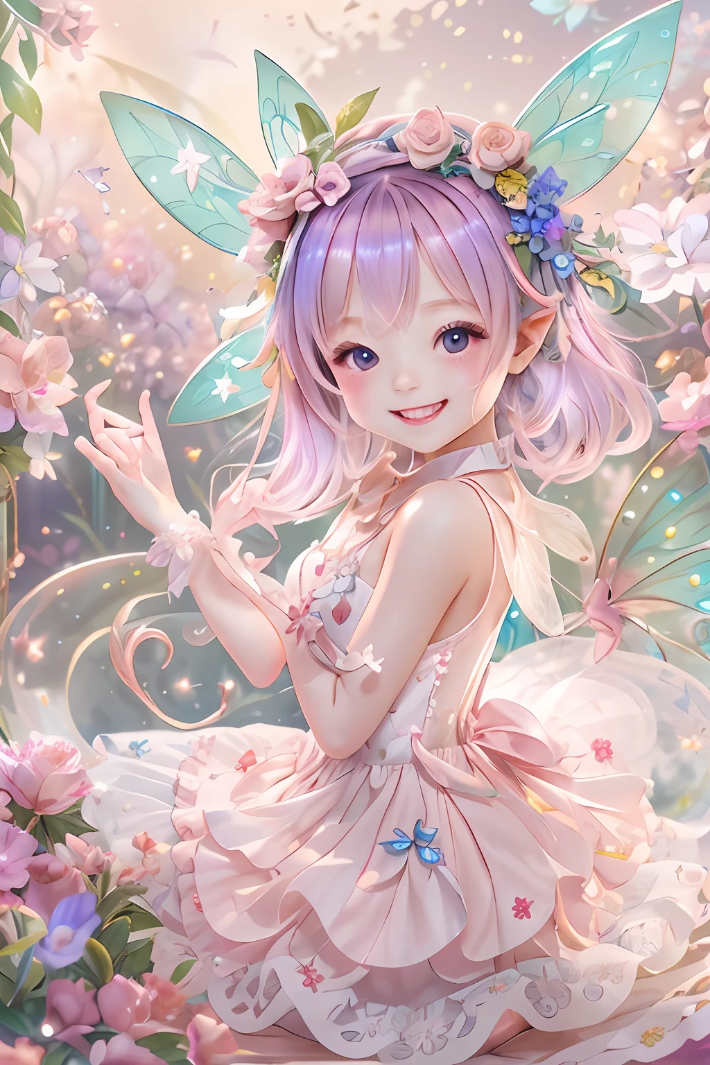 Cute fairy with a sense of transparency、Bright smile、Have fun playing、Beautiful background、Bright background、pink back ground