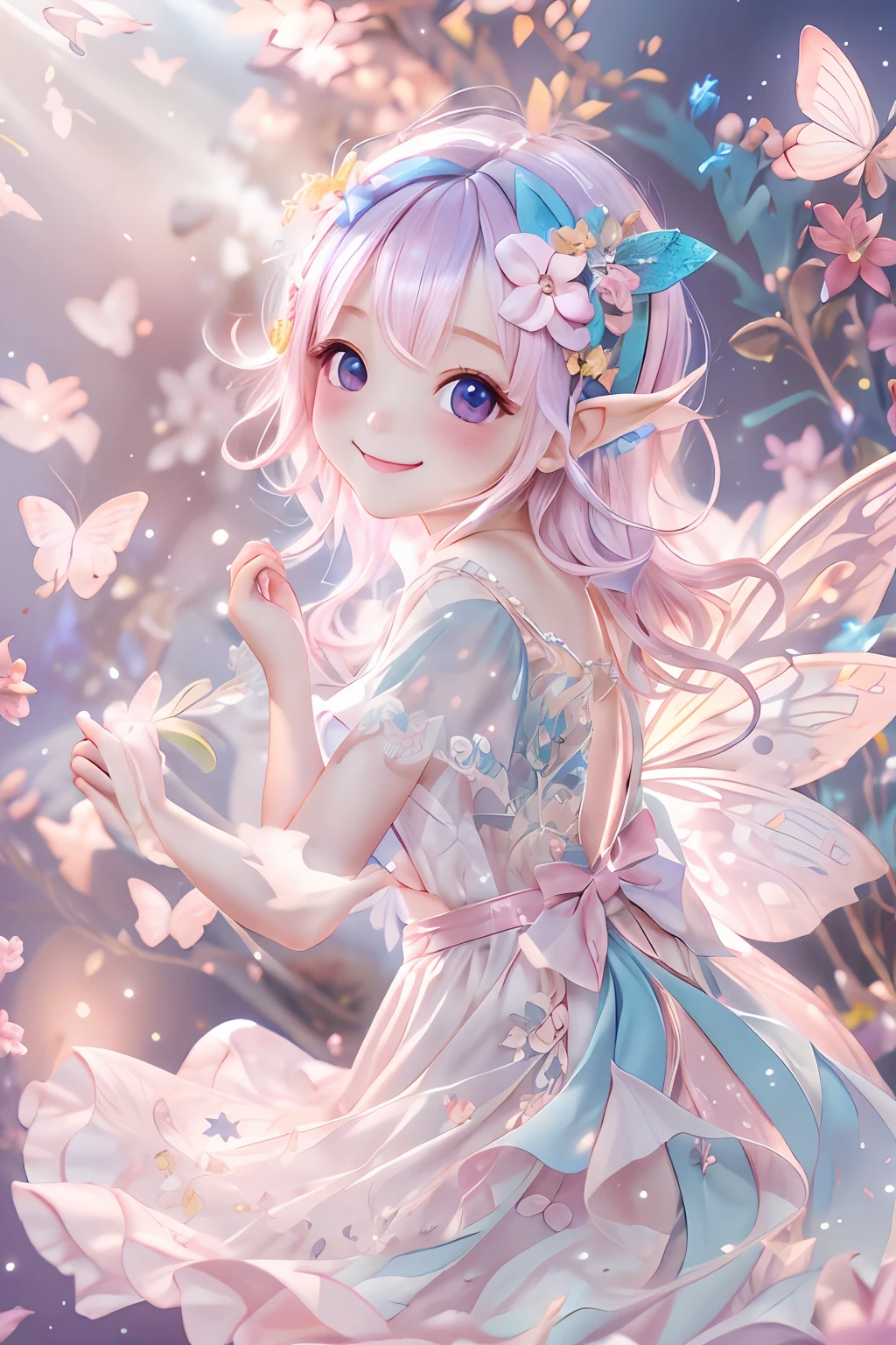 Cute fairy with a sense of transparency、Bright smile、Have fun playing、Beautiful background、Bright background、pink back ground