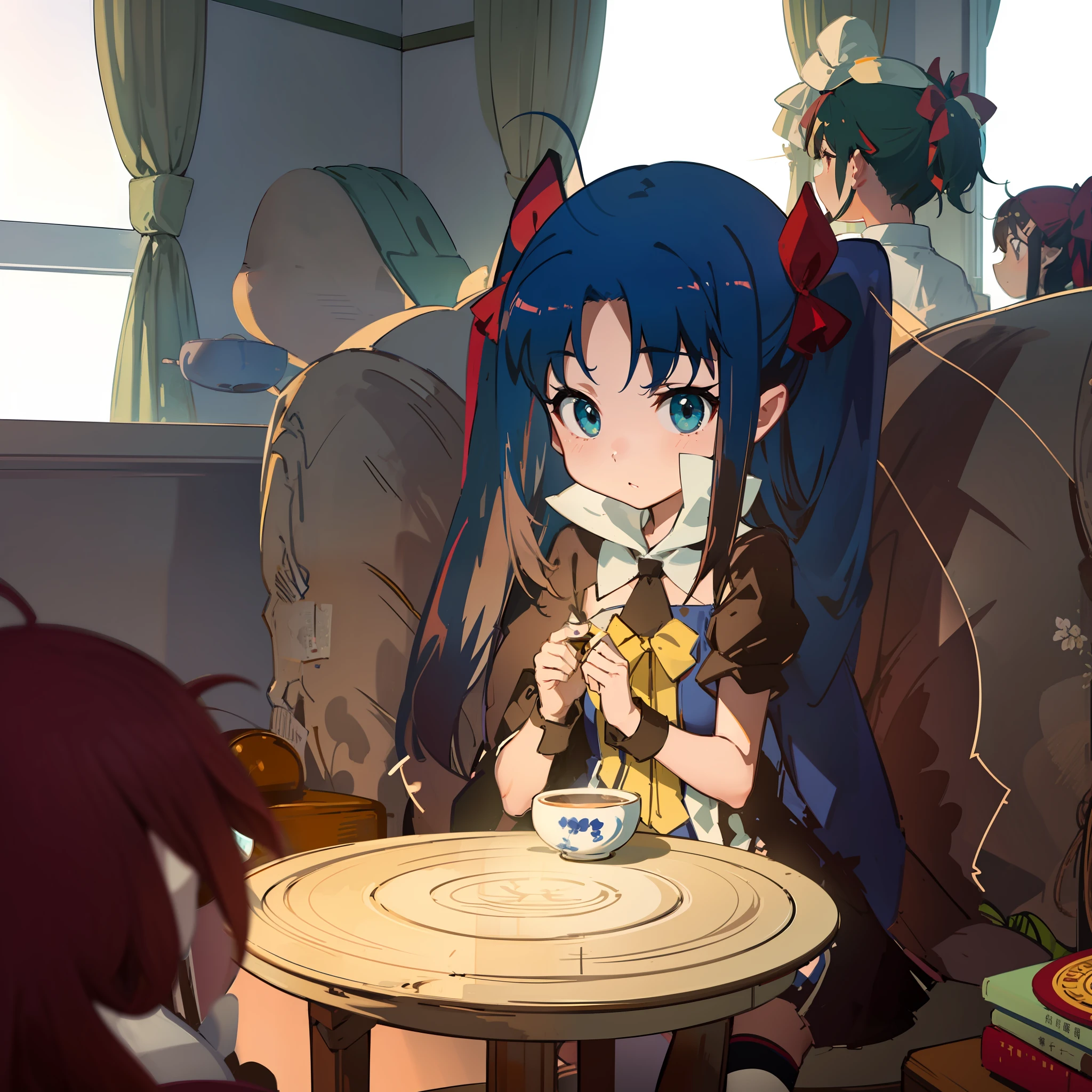 one-girl,Chinese style,Quiet,Next to the window,On the round table is placed a ceramic cup,There are two chairs next to the table,Sun exposure,looks out the window,sit on chair,The face is fine,