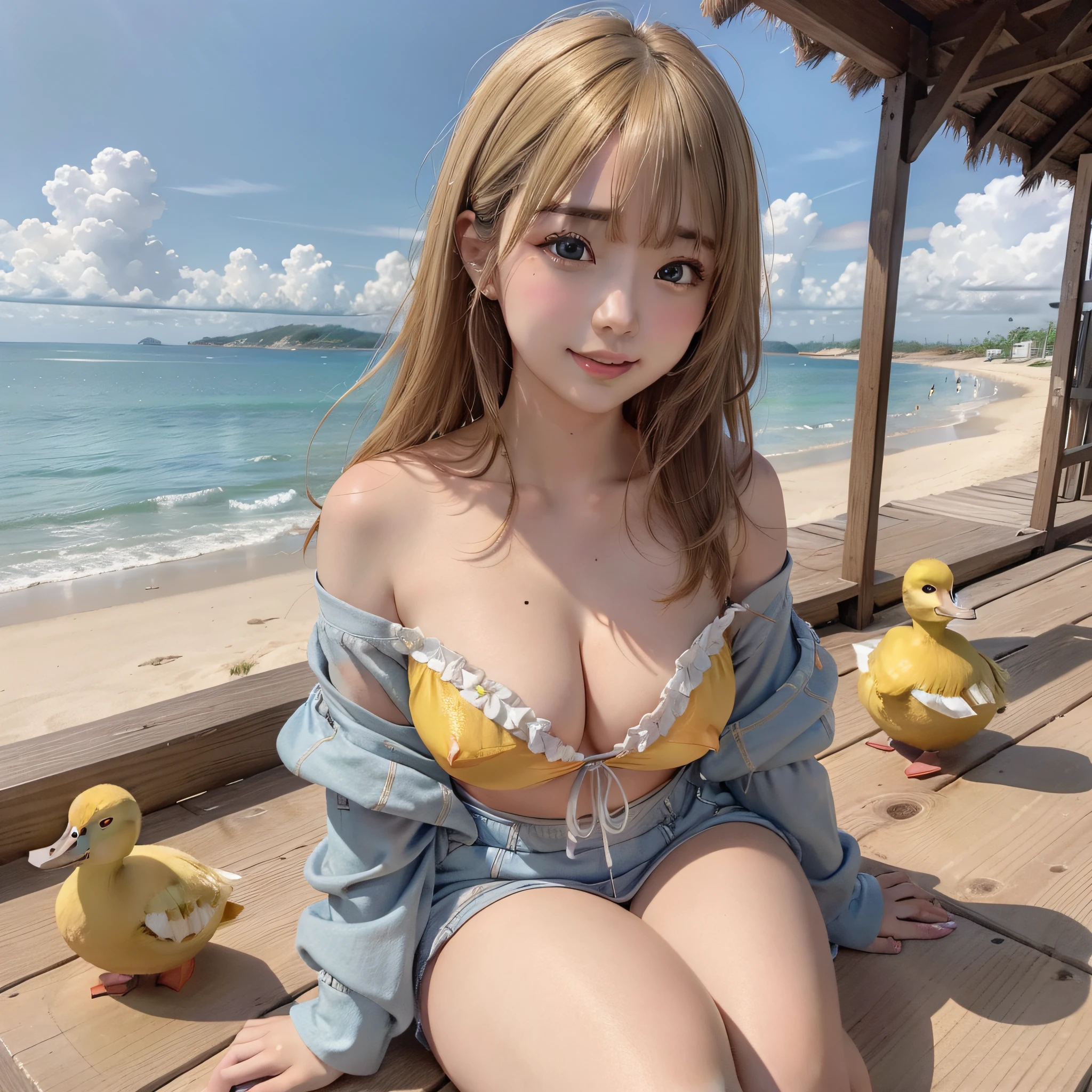 best quality, ultra high resolution, (photorealistic: 1.4), (detailed beautiful girl: 1.4), (medium breasts: 0.8), olhando_no_visualizador, detailed facial details, beautiful and detailed eyes, (blonde hair | brown), brown eyes, smile (makeup: 0.4), red lips, (full body, sitting, beach), very detailed clothes, (ulzzang-6500-v1. 1:0.3) \ , yellow ducks, strong wind,